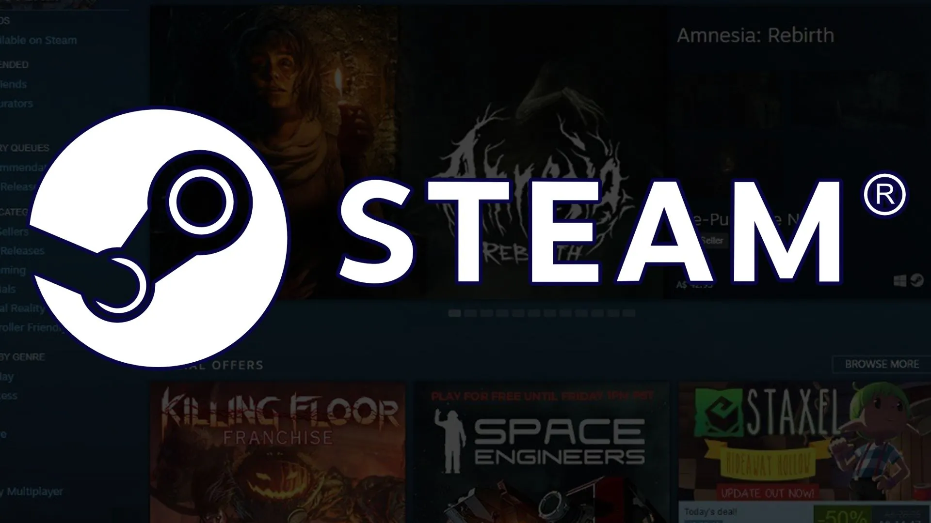 Logo Steam với trang chủ cửa hàng Steam làm nền
