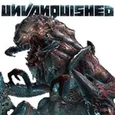 Logo Unvanquished với hình ảnh nhân vật chiến đấu và biểu tượng hỗn loạn