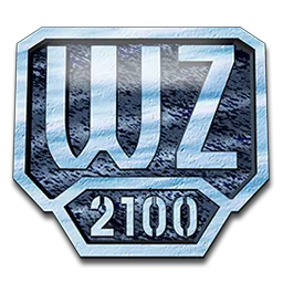 Logo Warzone 2100 với hình ảnh xe tăng và pháo đài, gợi phong cách chiến tranh