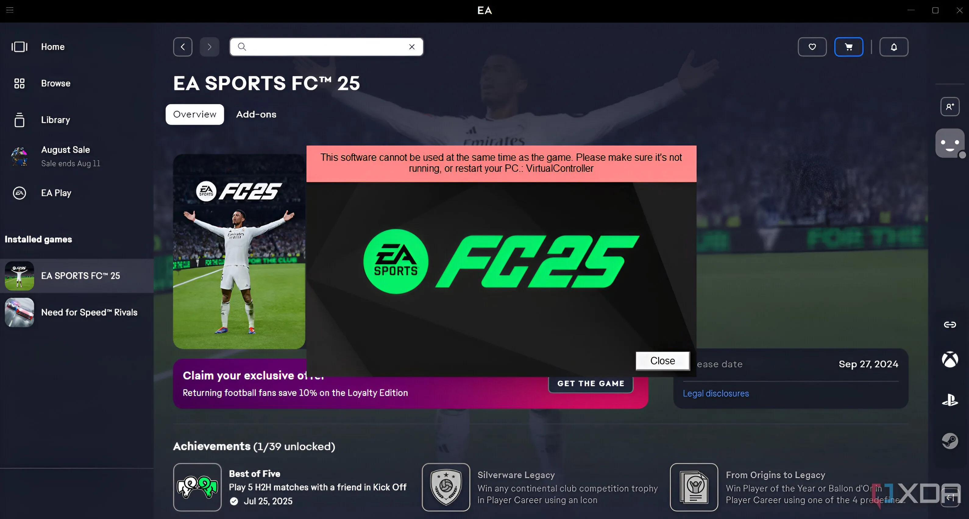 Lỗi khởi chạy EA Sports FC 25 do xung đột với bộ điều khiển ảo trên PC.