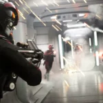 Lực lượng Đế chế và phe Nổi dậy giao tranh trong hành lang của Star Wars Battlefront 2, thể hiện cảnh chiến đấu căng thẳng.