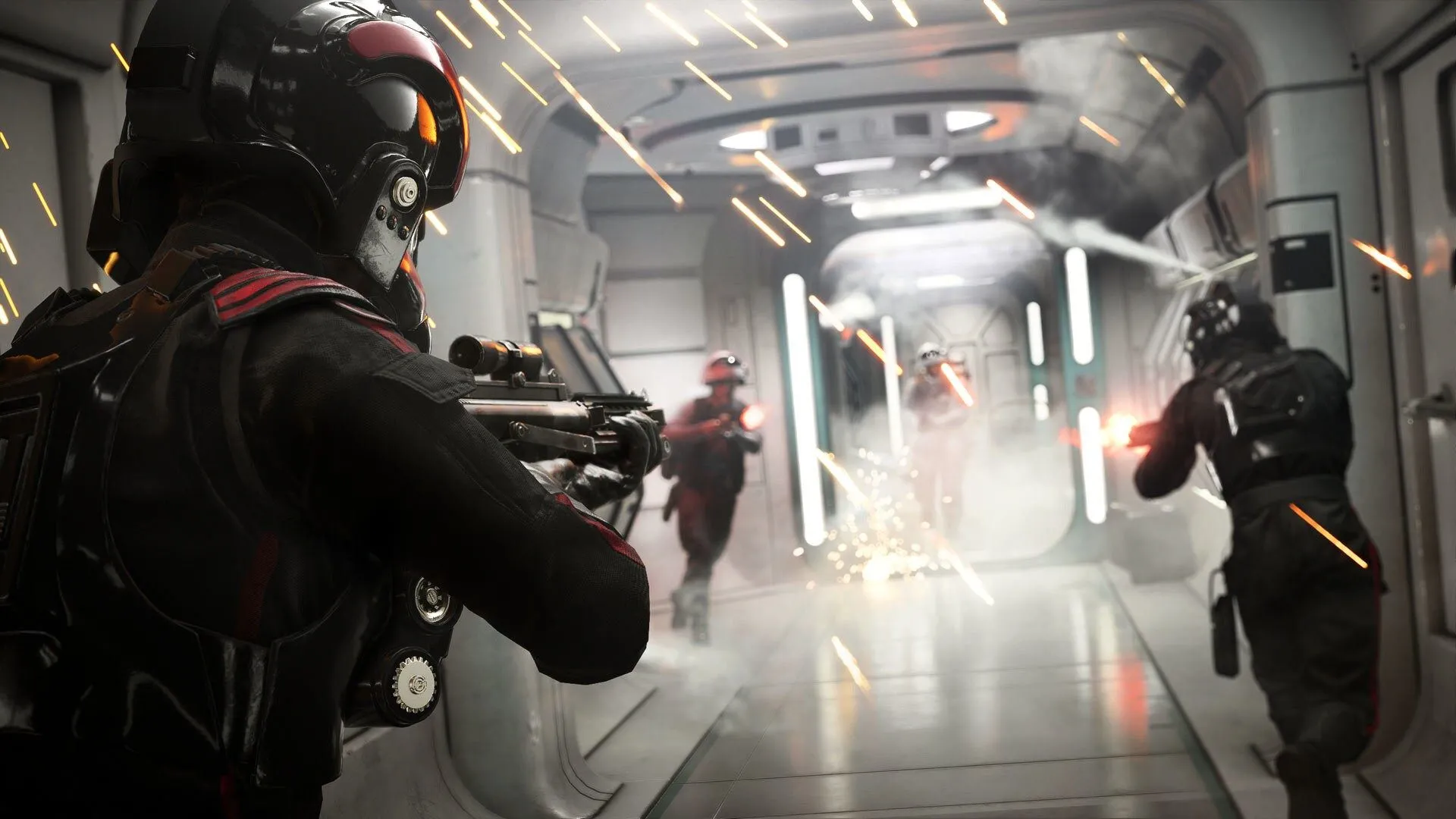 Lực lượng Đế chế và phe Nổi dậy giao tranh trong hành lang của Star Wars Battlefront 2, thể hiện cảnh chiến đấu căng thẳng.