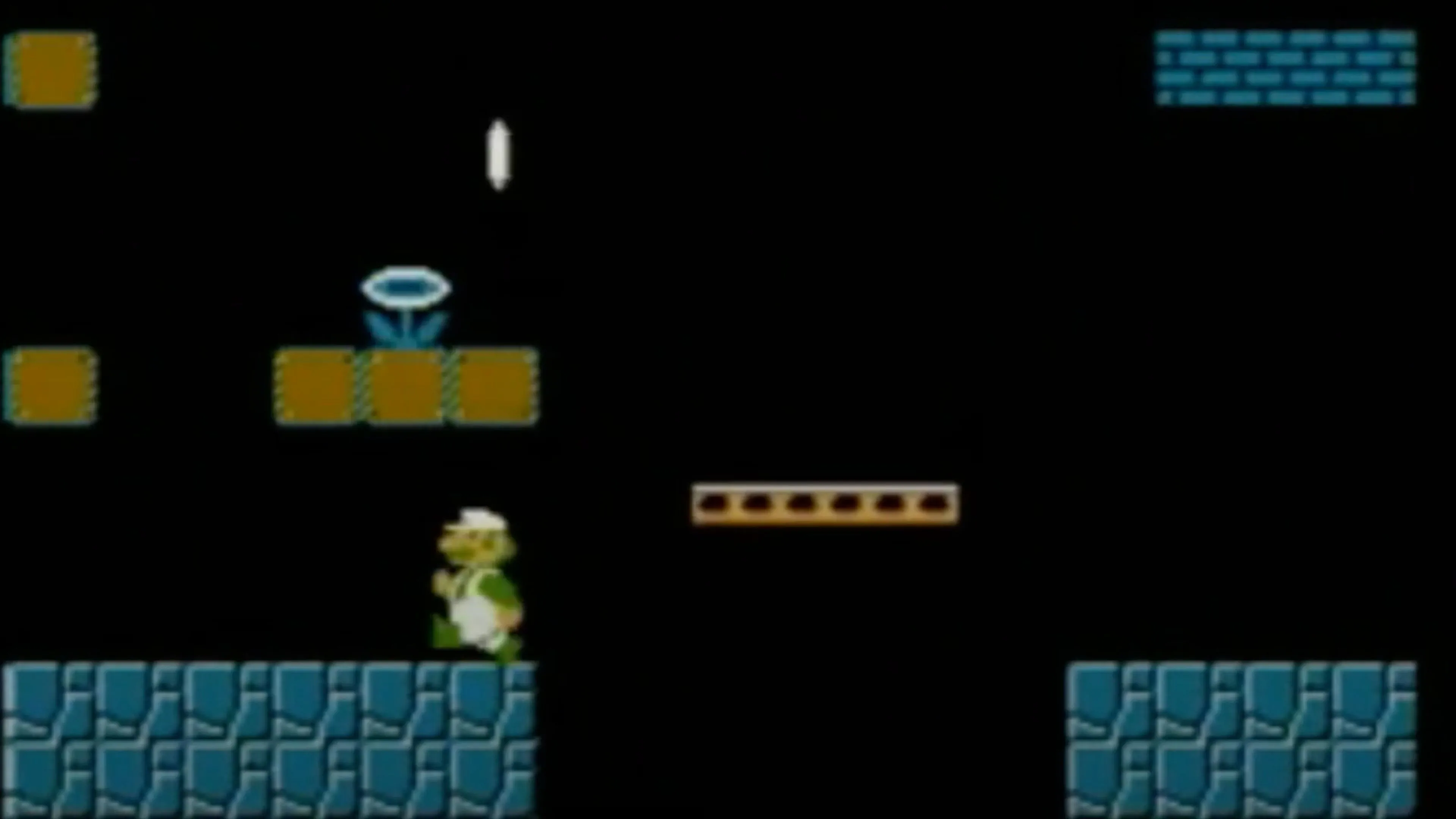 Luigi trong cảnh chơi game Super Mario Bros. trên màn hình NES.