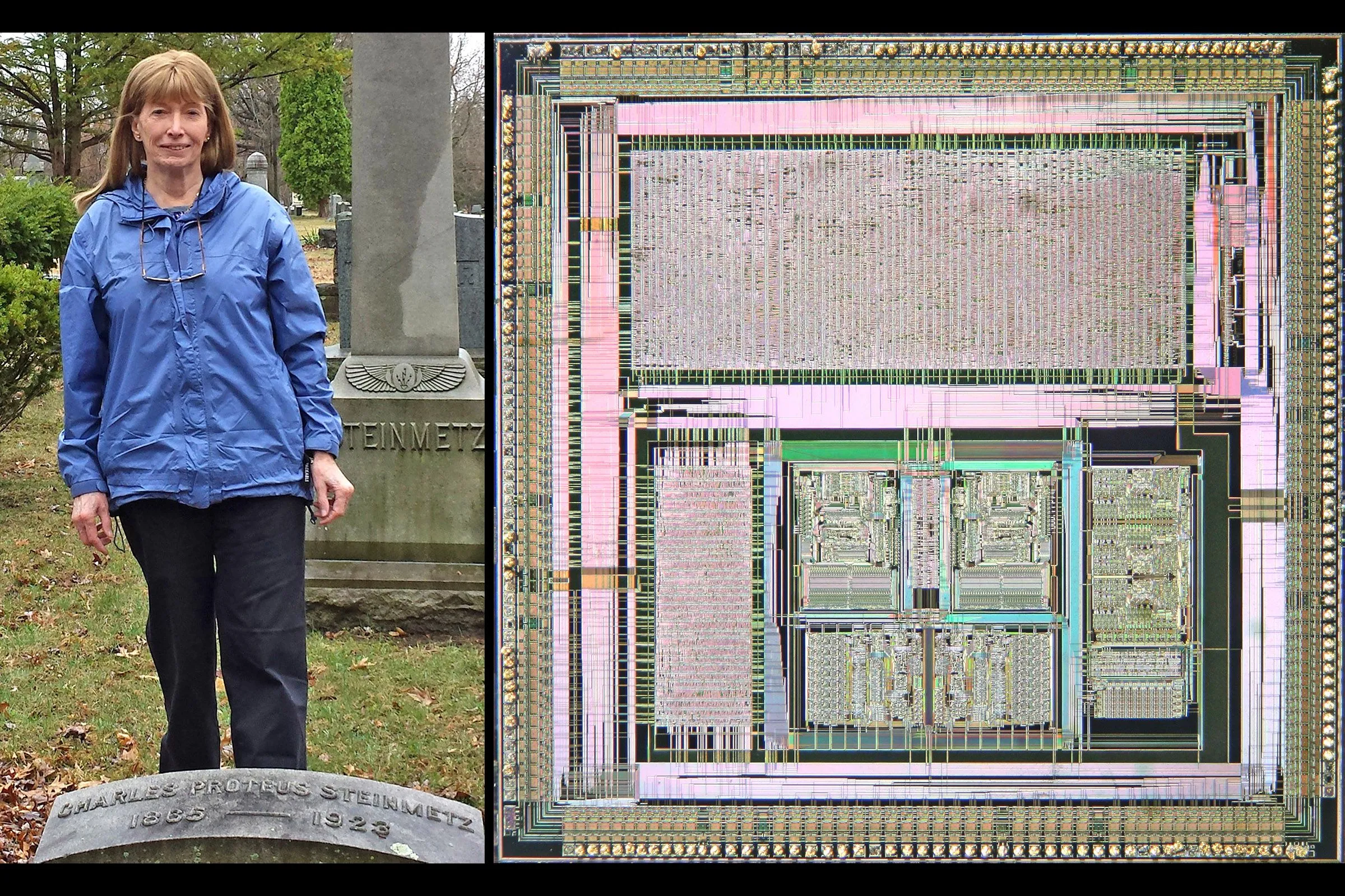 Lynn Conway bên bia mộ Charles Proteus Steinmetz và chip VLSI, thể hiện sự kết nối giữa người tiên phong và công nghệ vi mạch.