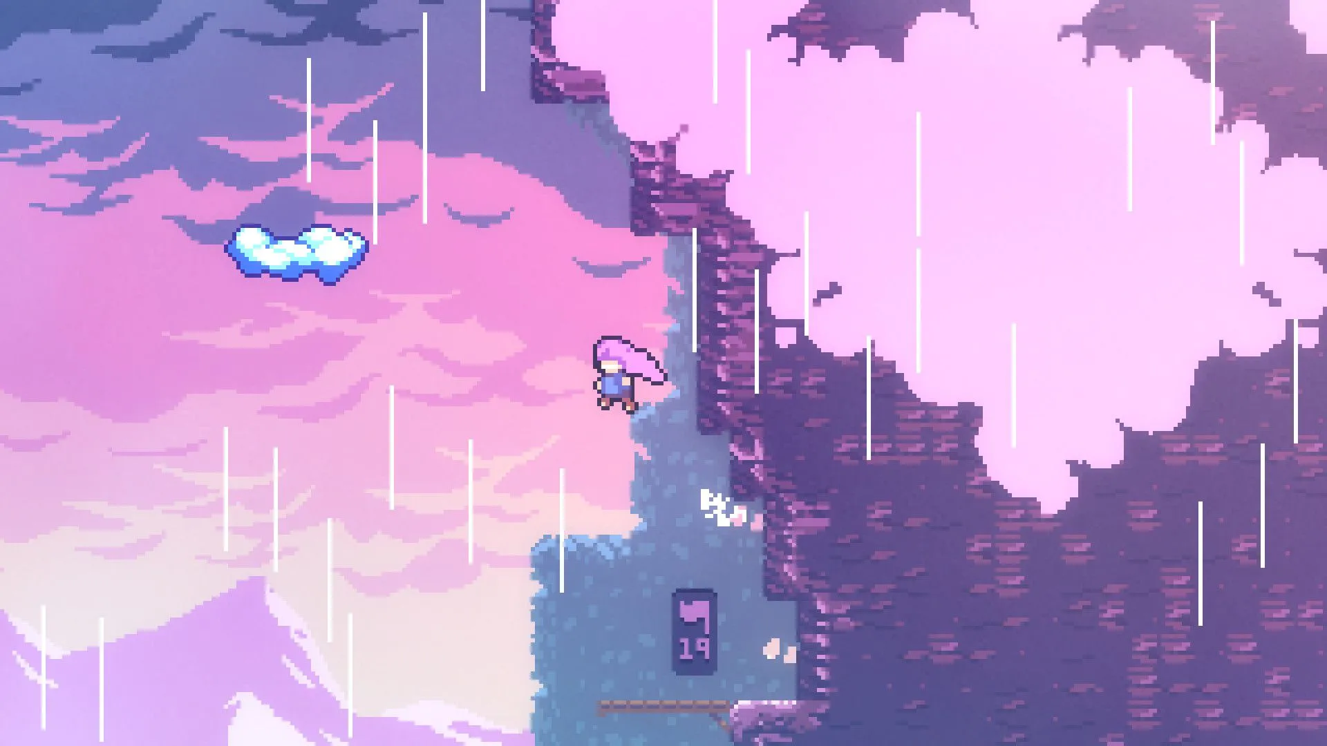 Madeline nhảy lên đám mây ở sườn núi trong game Celeste.