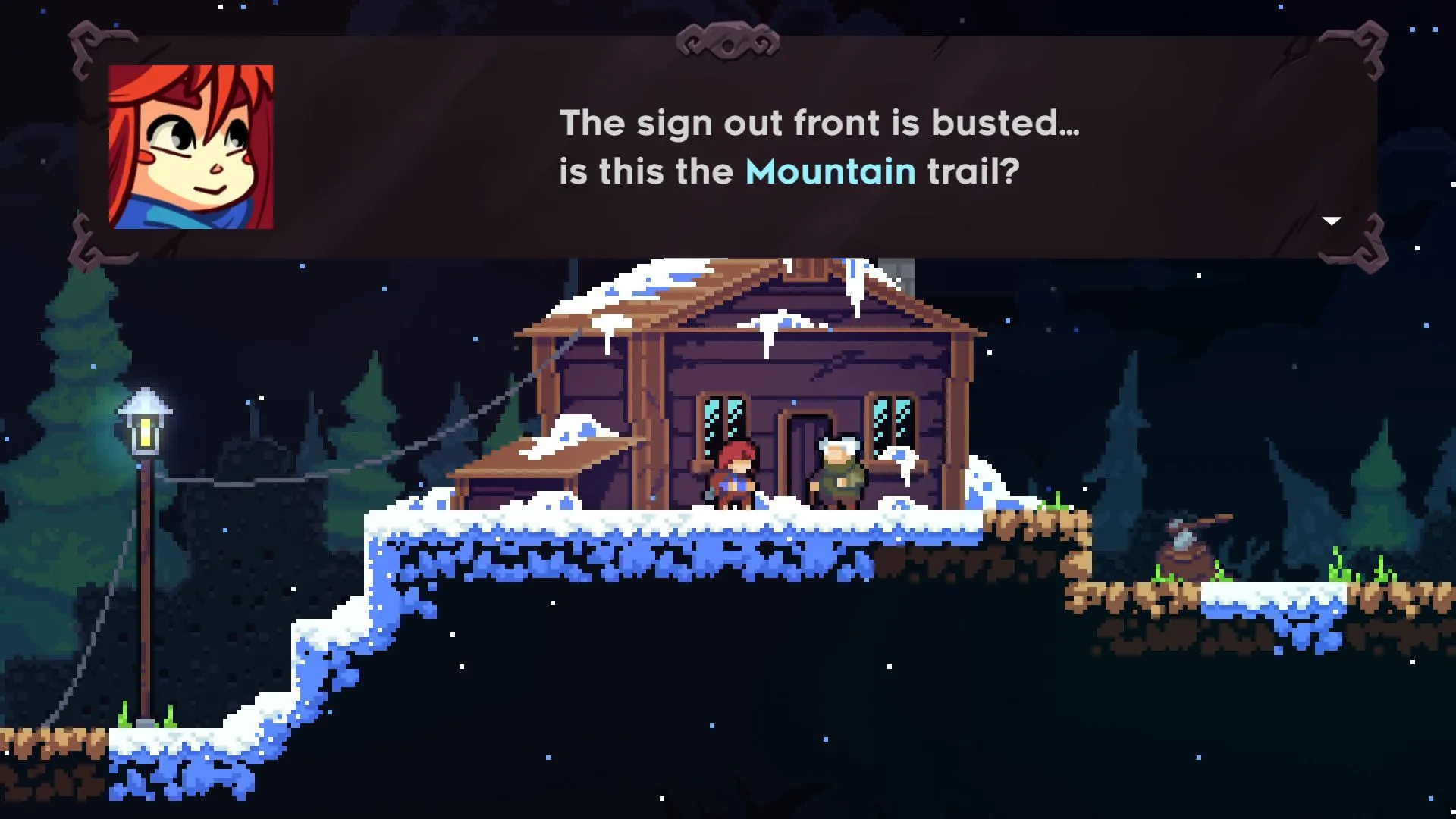 Madeline và Theo trò chuyện trong cabin trên núi Celeste, bối cảnh tuyết rơi