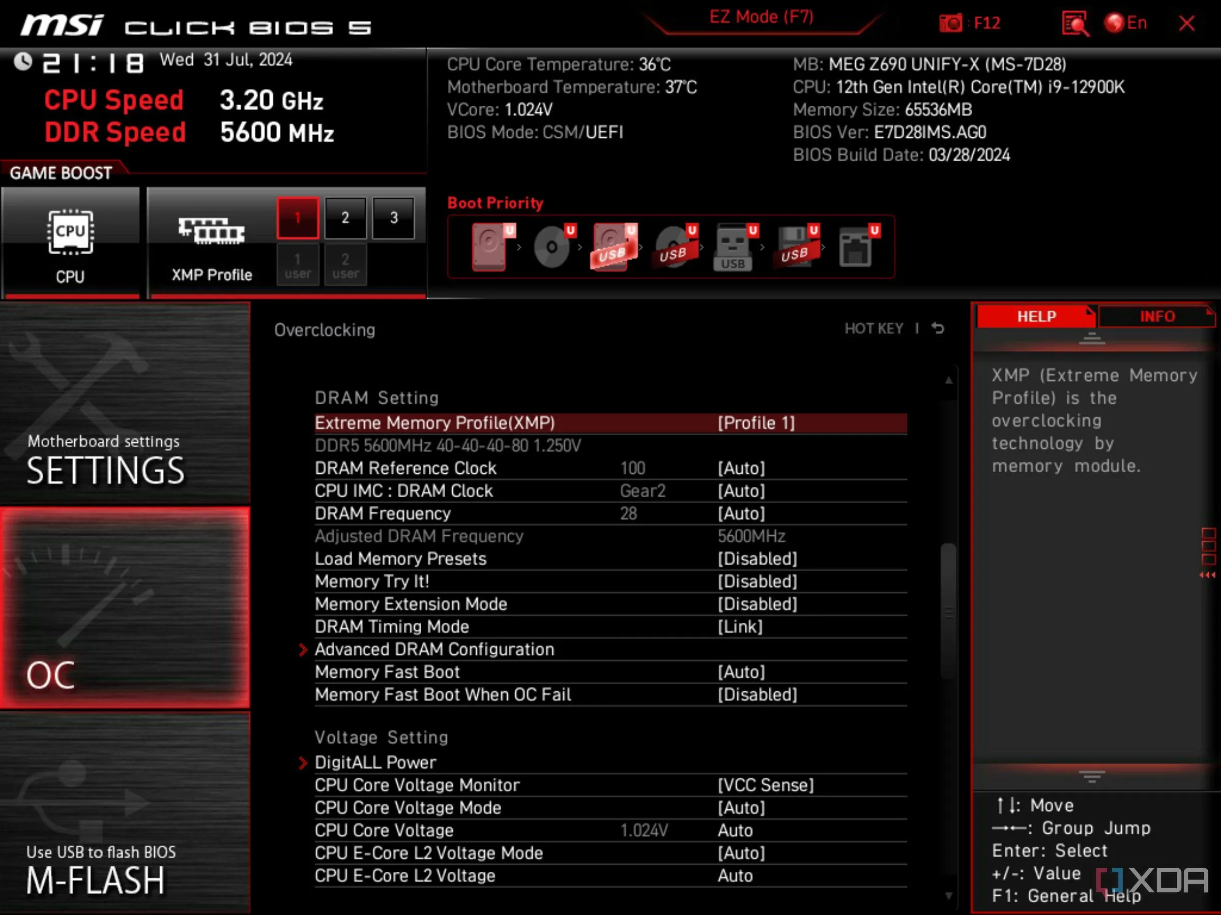 Màn hình BIOS UEFI của MSI cho thấy tùy chọn XMP đã được kích hoạt cho RAM