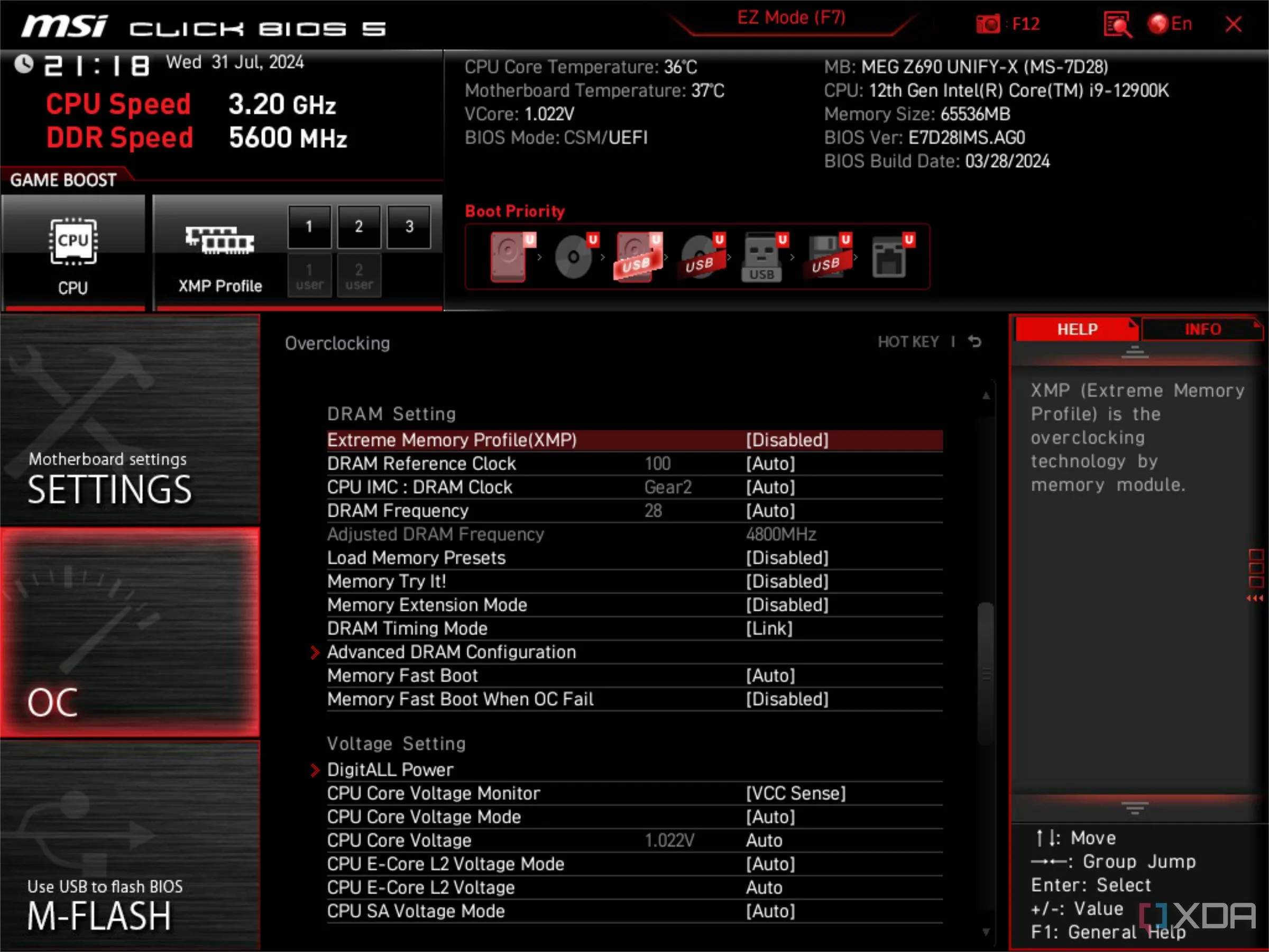 Màn hình BIOS UEFI của MSI hiển thị tùy chọn XMP đang bị vô hiệu hóa
