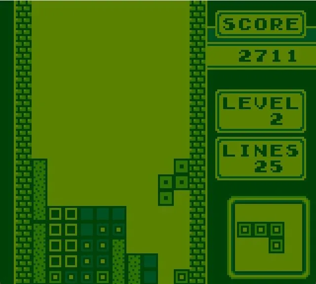 Màn hình chính của Tetris trên Game Boy, hiển thị logo và các lựa chọn chơi.