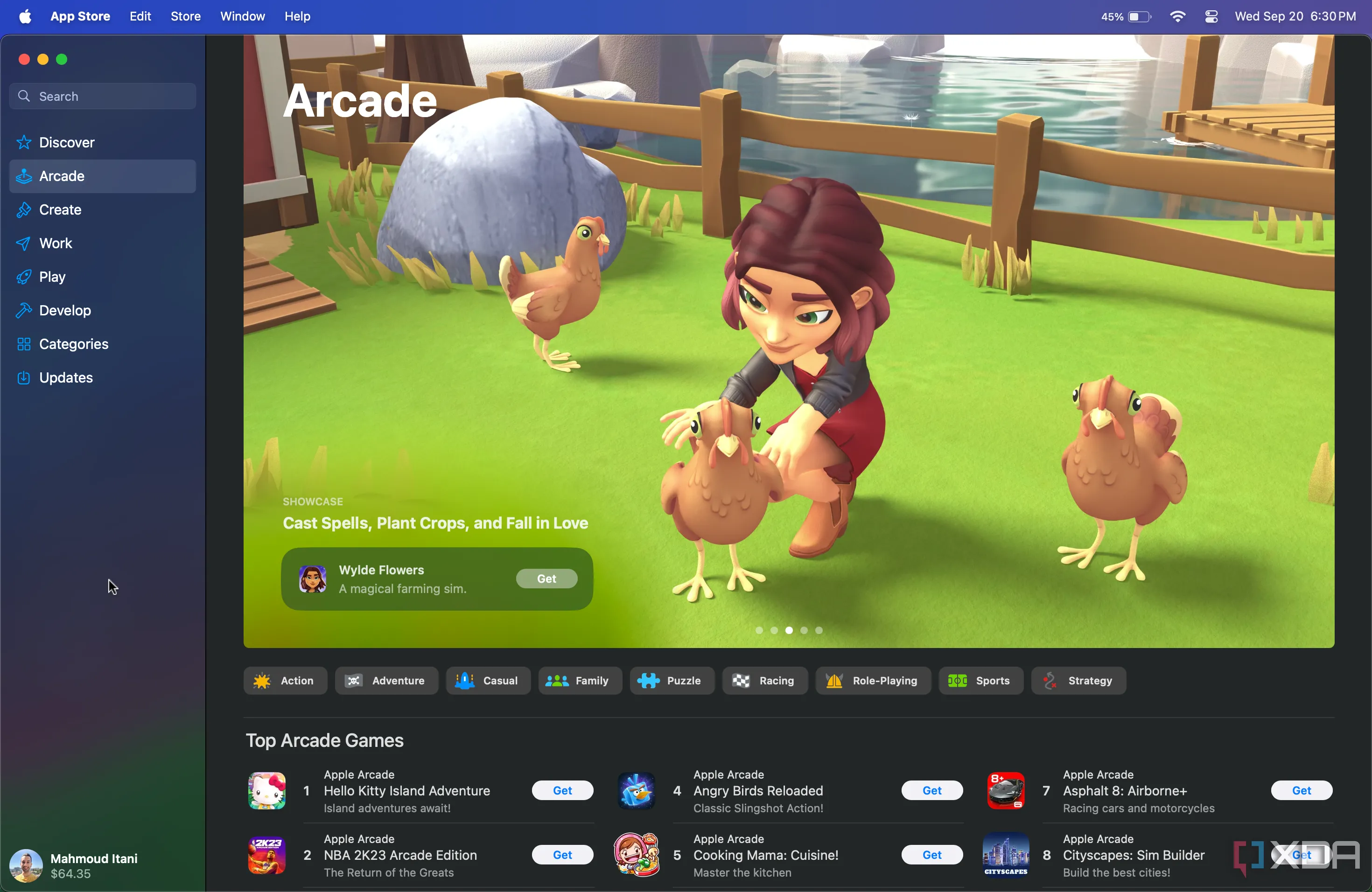 Màn hình chính dịch vụ Apple Arcade trên macOS, nơi hiển thị các tựa game có sẵn cho người dùng Apple.
