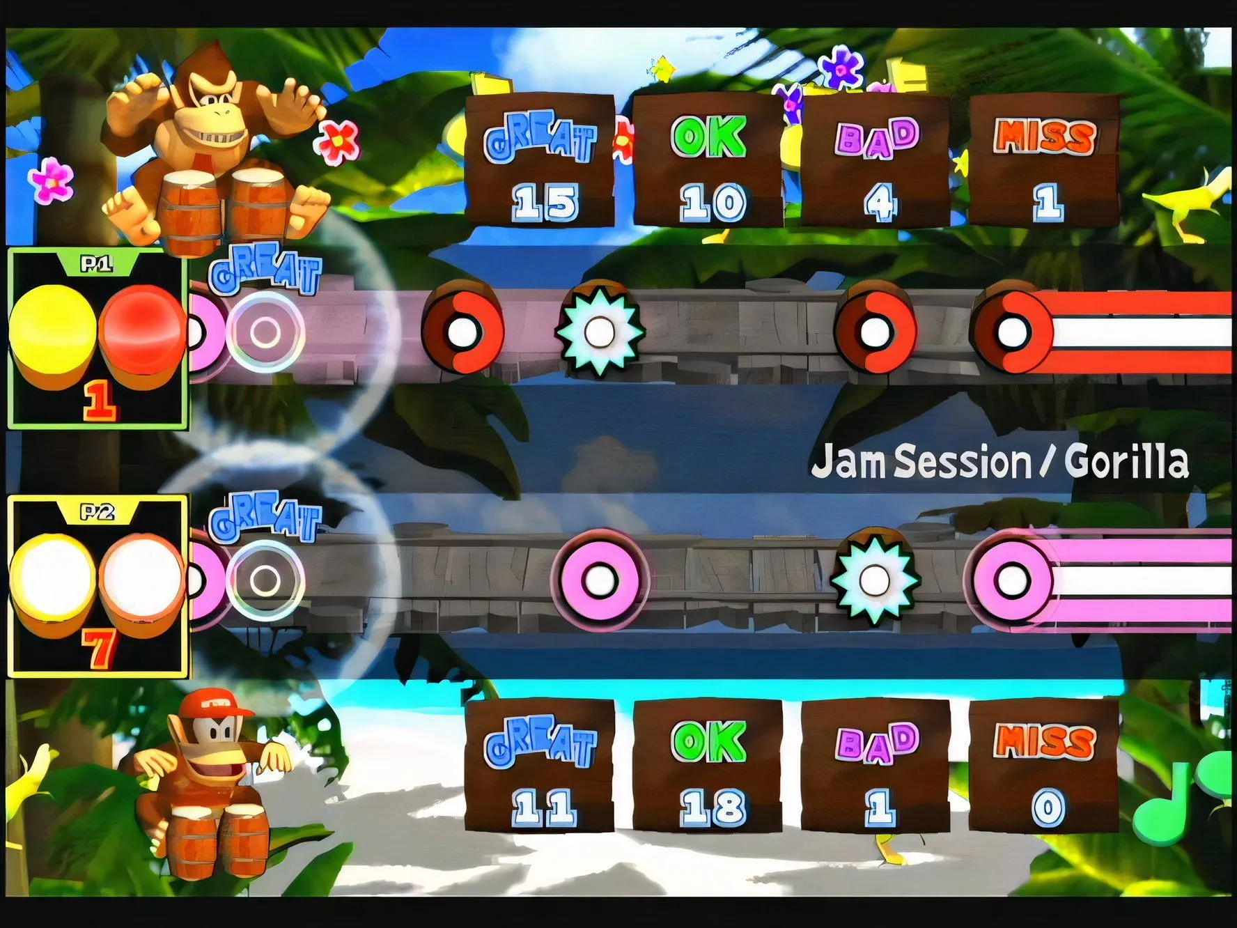Màn hình chơi game Donkey Konga với các nốt nhạc và giao diện điều khiển