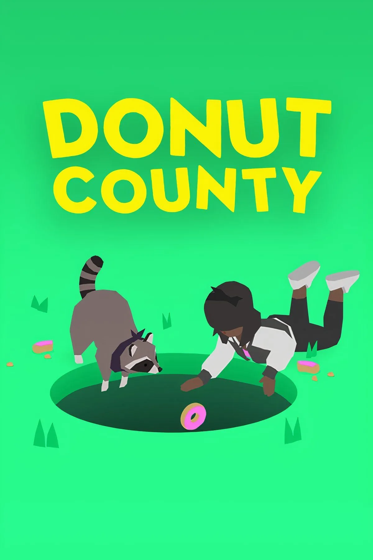 Màn hình game Donut County với một hố đen khổng lồ hút các vật thể và tòa nhà nhỏ vào lòng đất