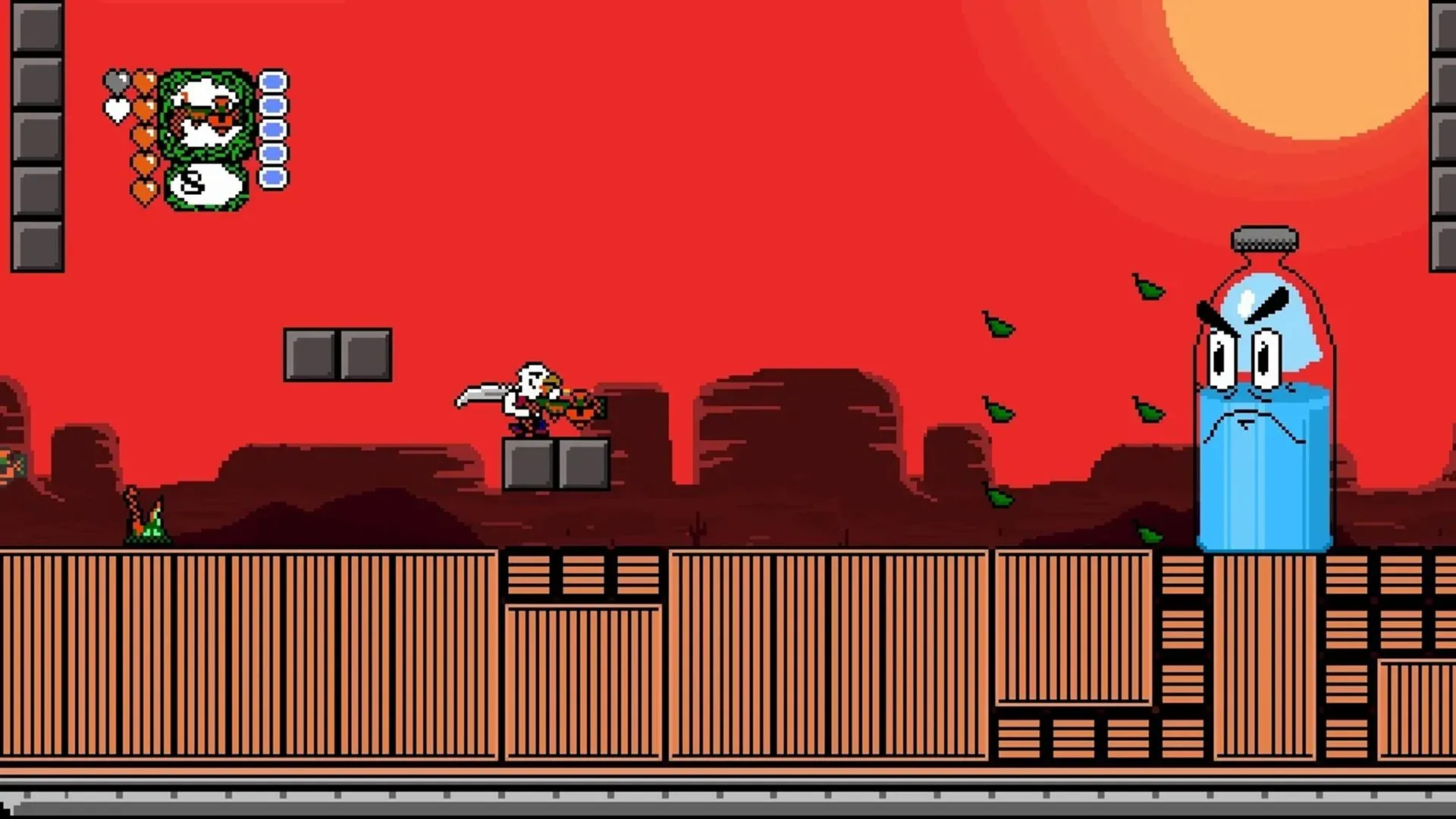 Màn hình gameplay của Revenge of the Bird King, một game platformer hành động với nhân vật Dwayne mang dáng vẻ nửa người nửa chim.