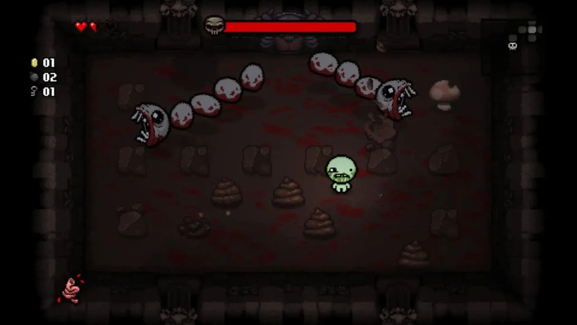 Màn hình gameplay của The Binding of Isaac: Rebirth với Isaac chiến đấu trong một dungeon tối tăm.