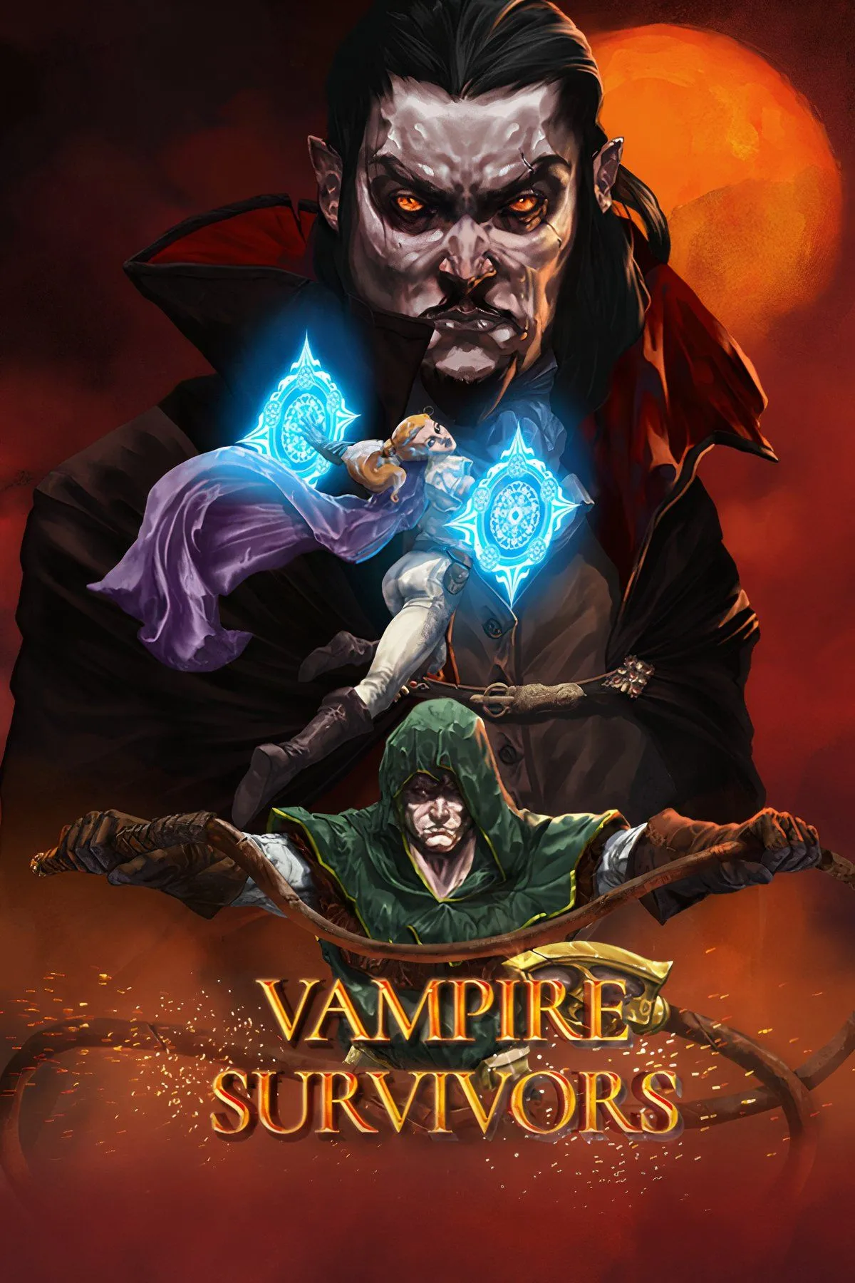 Màn hình gameplay Vampire Survivors với nhân vật chính đang chiến đấu chống lại hàng đàn quái vật, các hiệu ứng vũ khí rực rỡ