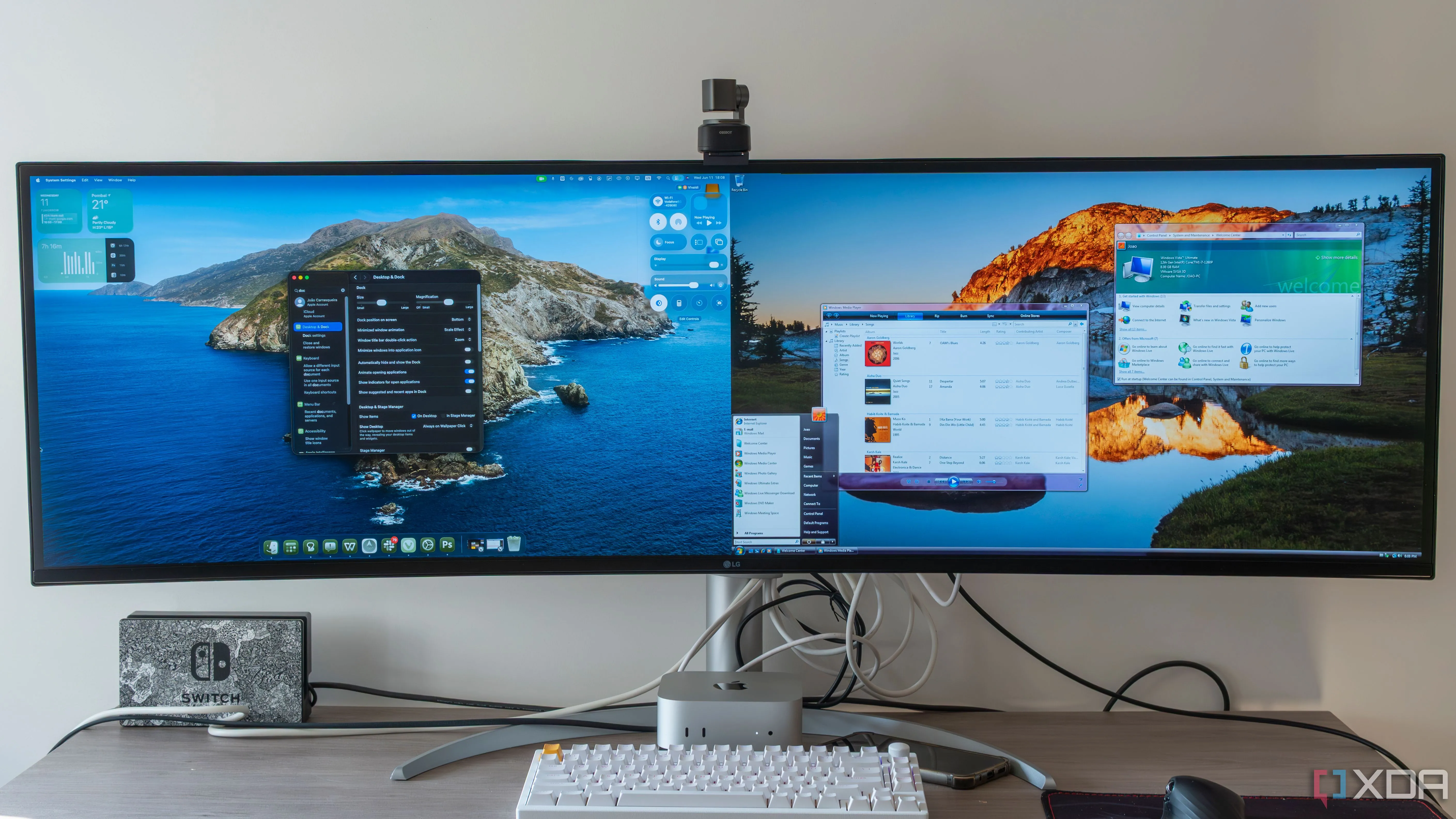 Màn hình hiển thị giao diện macOS Tahoe và Windows Vista đặt cạnh nhau