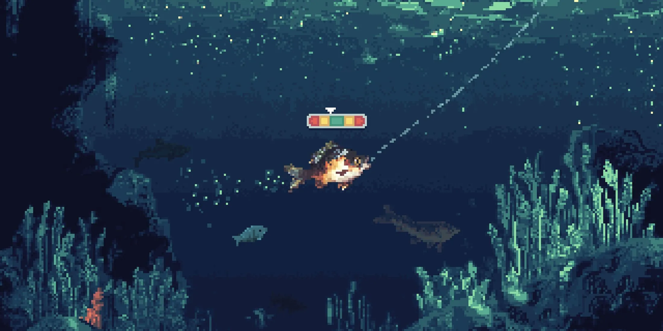 Màn hình hiển thị quá trình câu cá trong game Cast n Chill, với giao diện đơn giản và hiệu ứng nước.