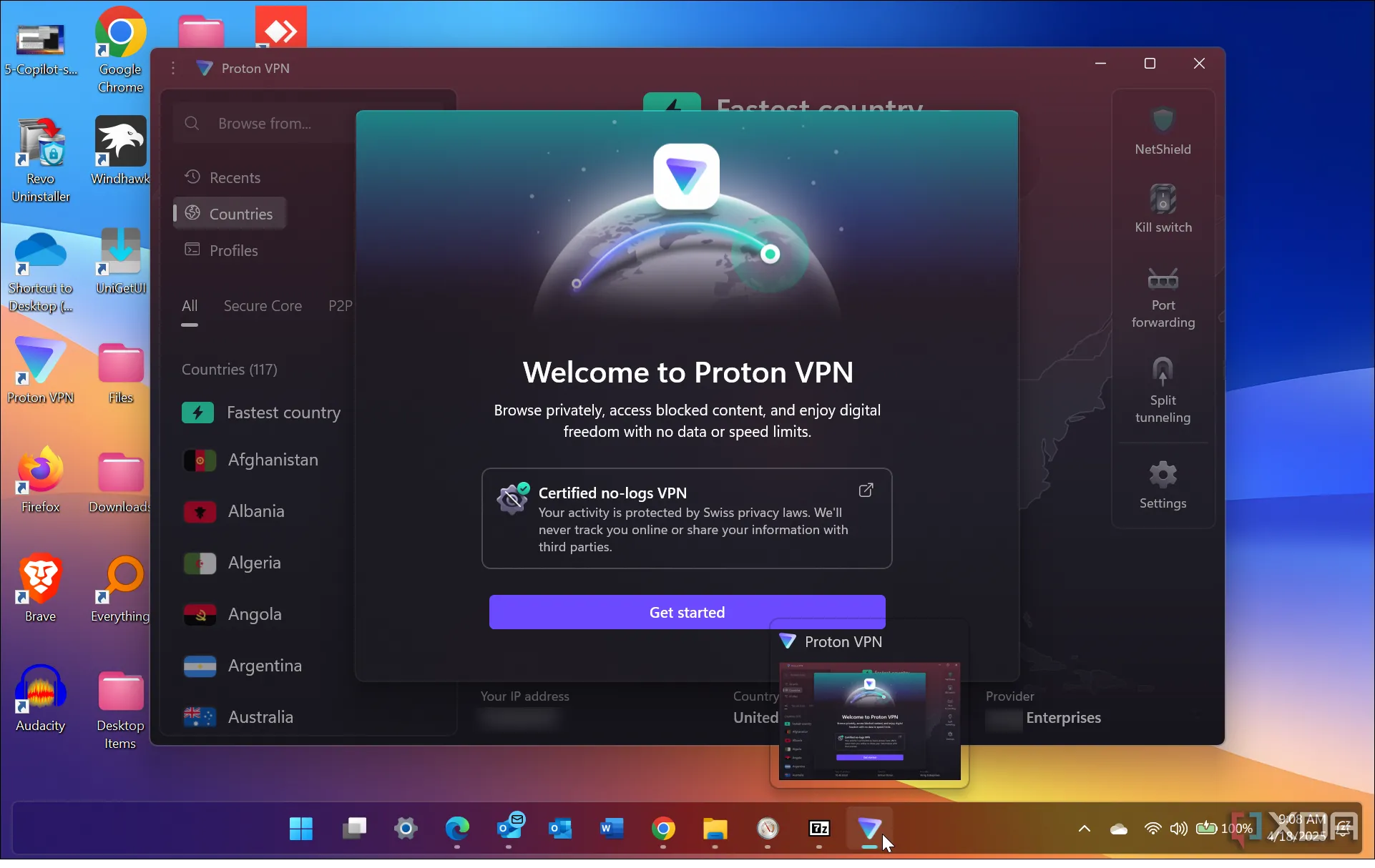 Màn hình khởi động Proton VPN với thông báo &quot;No logs&quot; (Không lưu nhật ký)