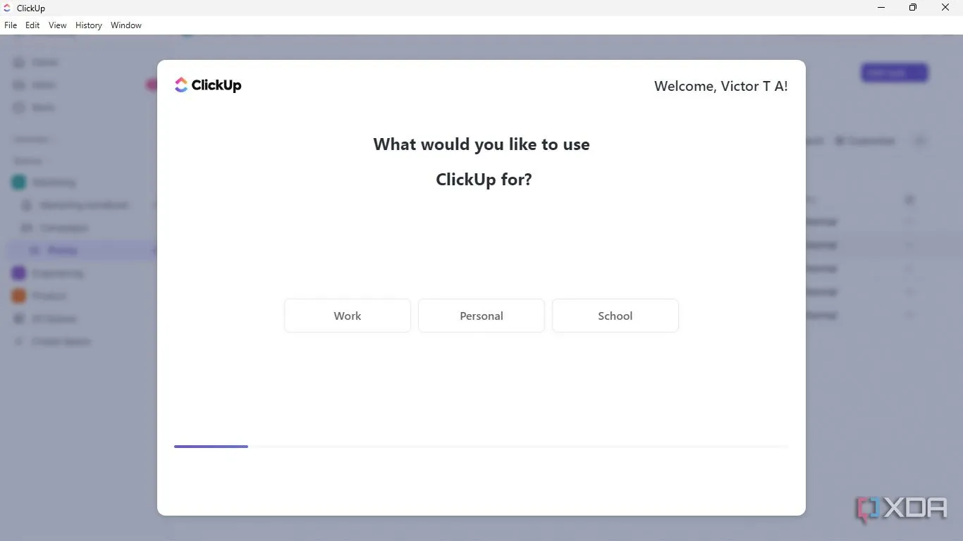 Màn hình khởi tạo không gian làm việc ClickUp, cho phép lựa chọn mục đích sử dụng là Công việc, Cá nhân hay Học tập