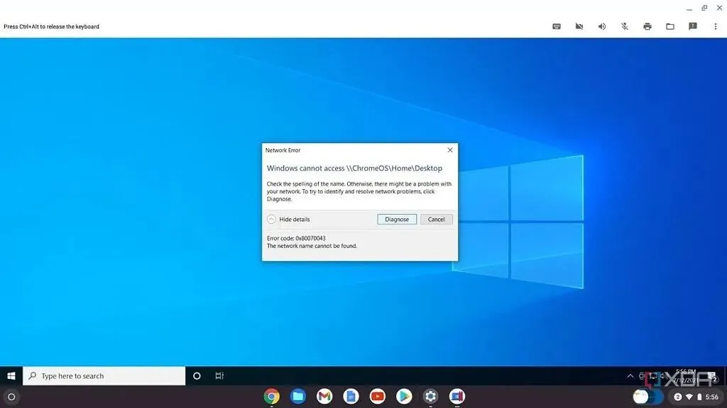 Màn hình lỗi hiển thị trong Parallels Desktop trên ChromeOS
