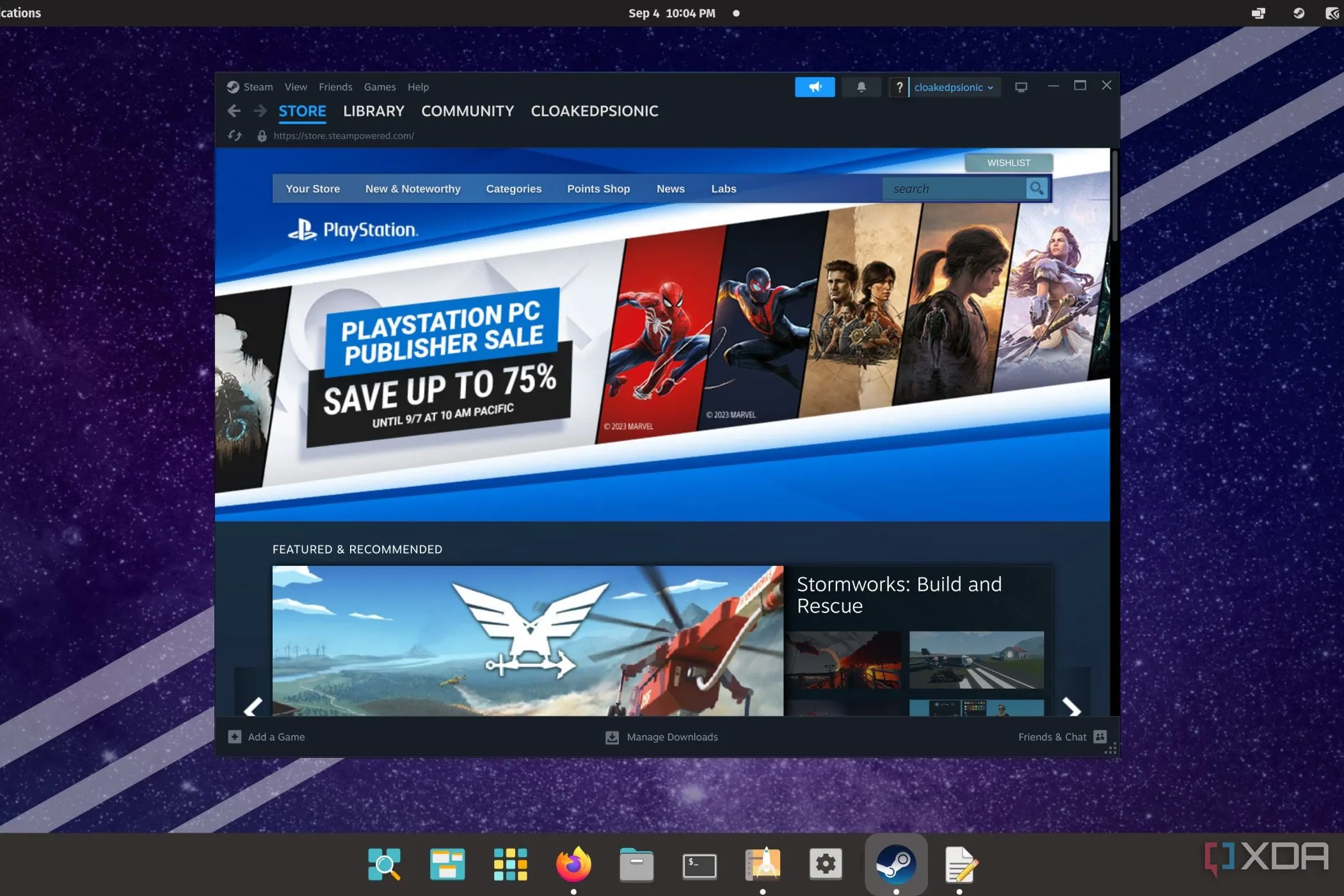 Màn hình máy tính chạy Pop!_OS với ứng dụng Steam đang mở, minh họa khả năng chơi game trên Linux.