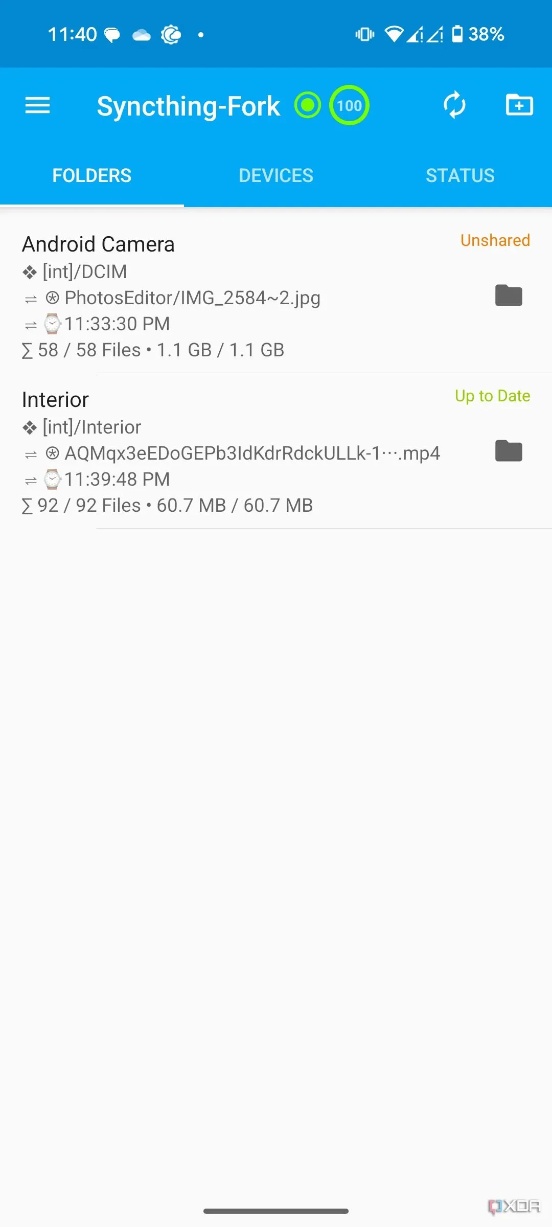 Màn hình thiết lập Syncthing trên Android, yêu cầu người dùng cấu hình các thiết bị và thư mục cần đồng bộ hóa