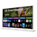 Màn hình thông minh LG 32SR70U-W 32 inch đặt trên bàn làm việc, cho thấy thiết kế tinh tế và khả năng hiển thị rõ nét.