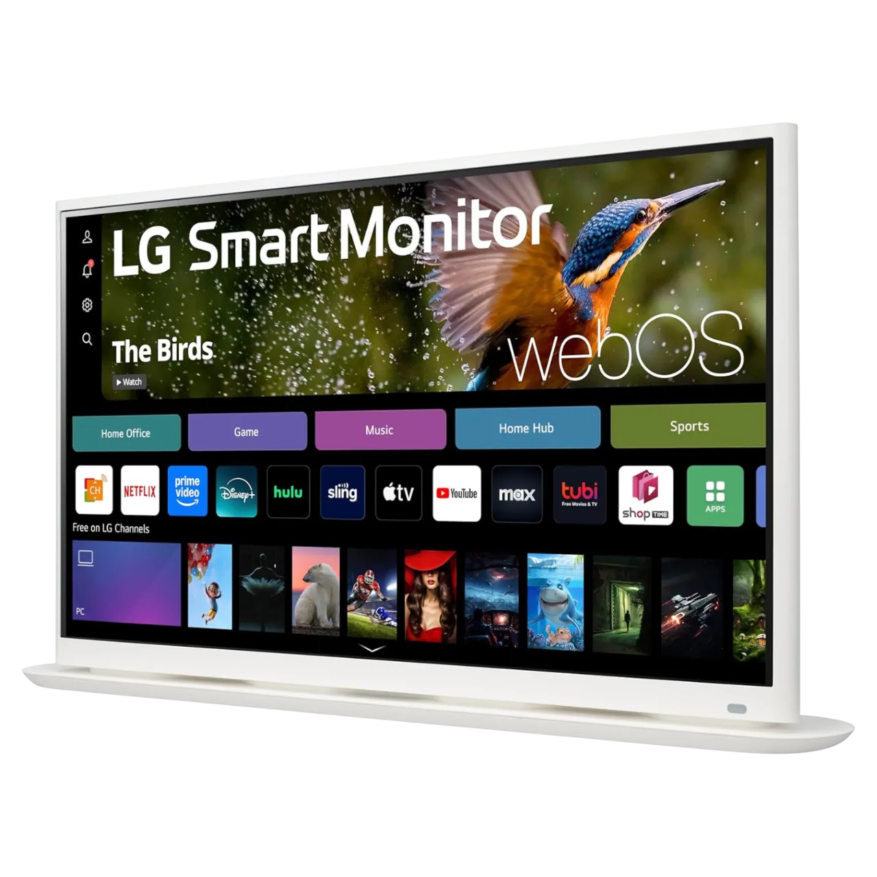 Màn hình thông minh LG 32SR70U-W 32 inch đặt trên bàn làm việc, cho thấy thiết kế tinh tế và khả năng hiển thị rõ nét.