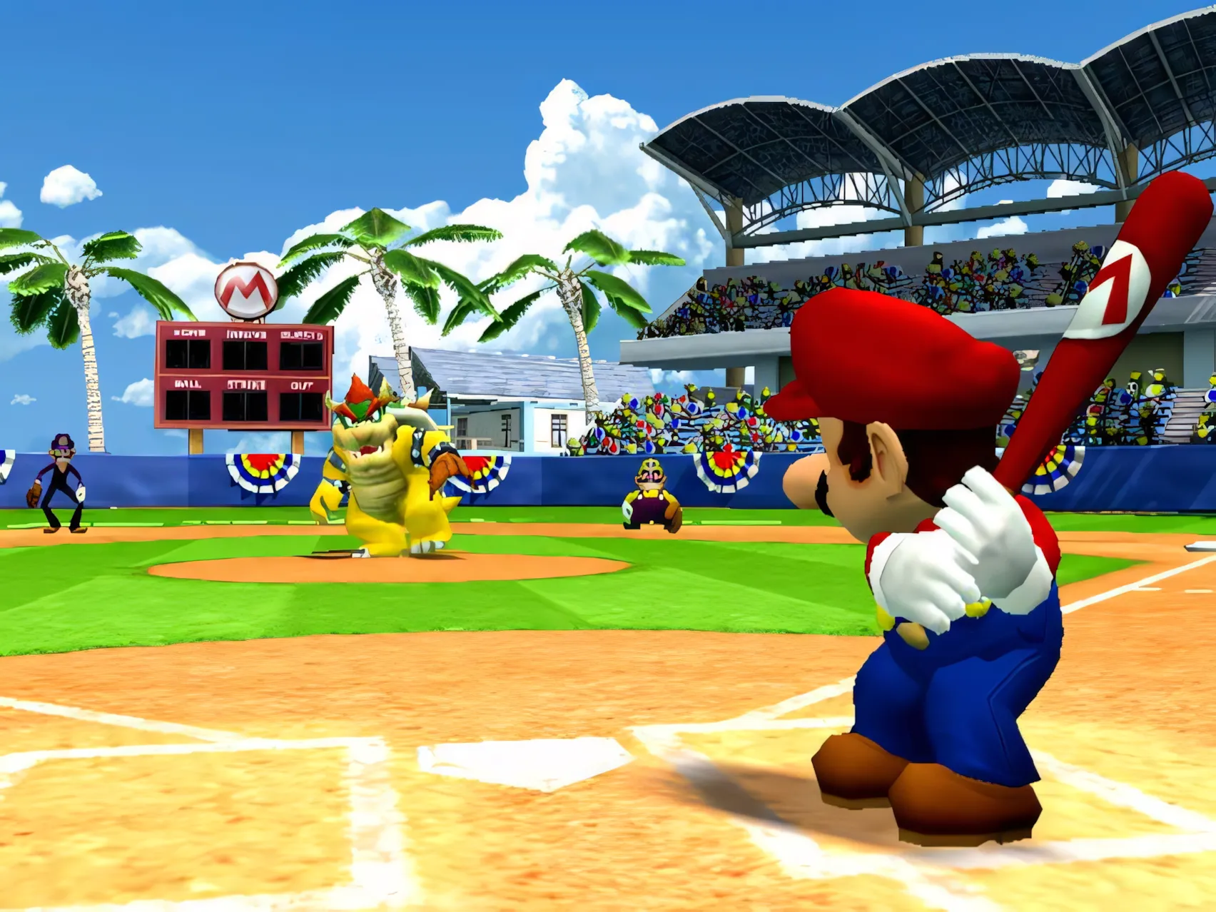Mario đang đánh bóng trong game Mario Superstar Baseball, một tựa game thể thao kinh điển trên GameCube