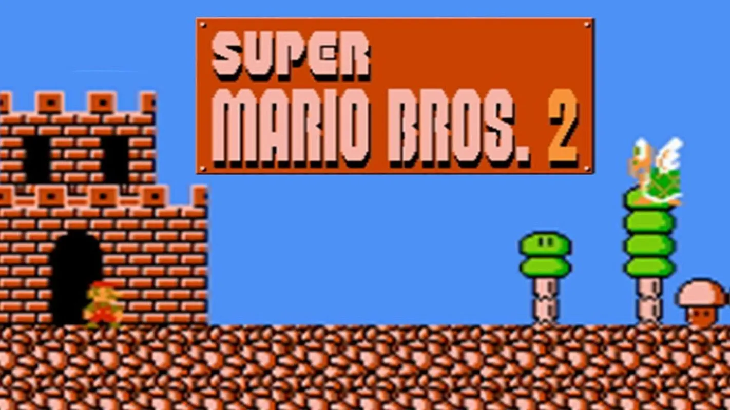 Mario đang nhảy qua chướng ngại vật trong game Super Mario Bros.: The Lost Levels với đồ họa 8-bit