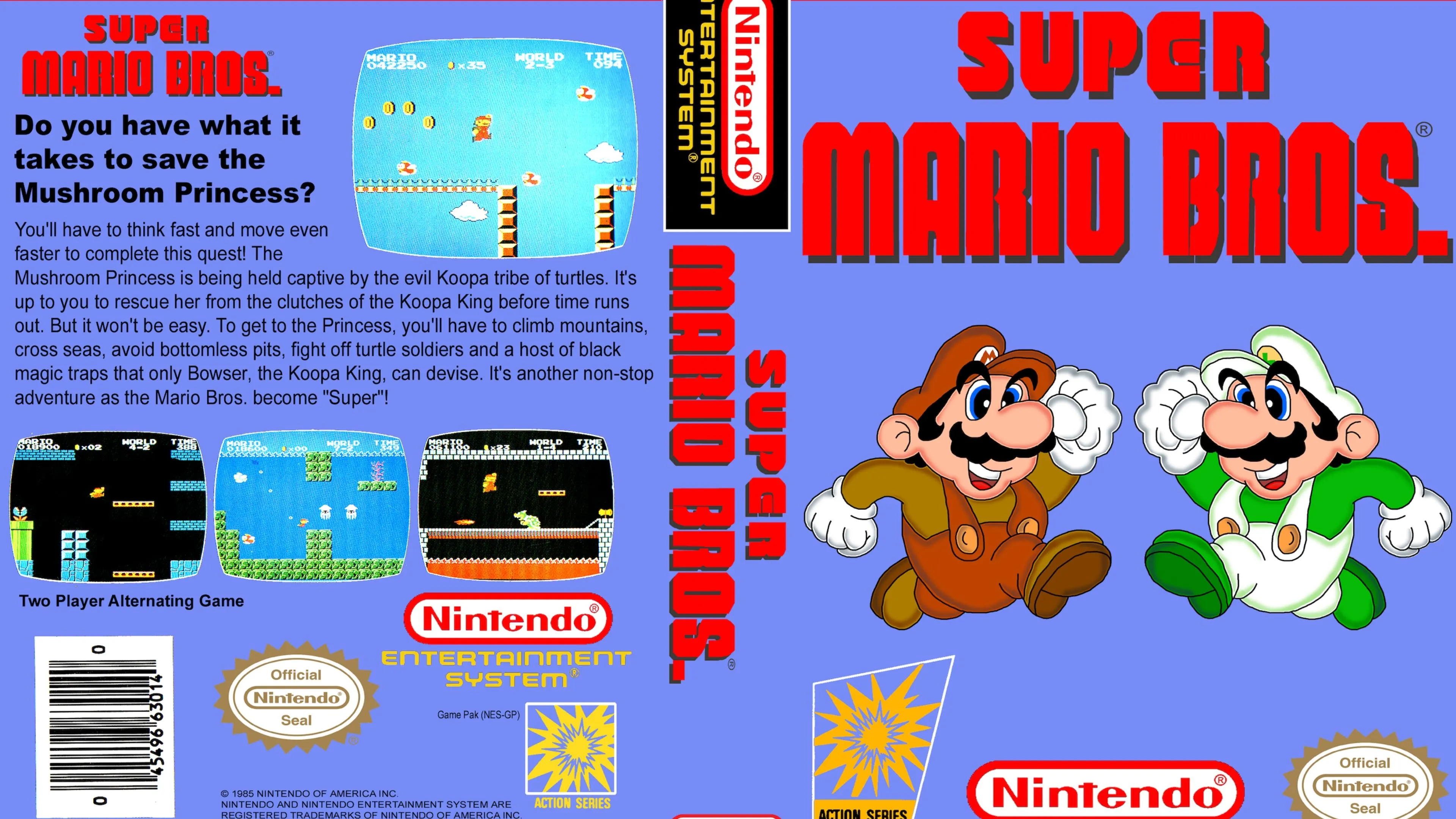 Mario đang nhảy trong cảnh chơi game Super Mario Bros. đầu tiên, với Goomba và các khối &quot;?&quot; màu vàng.