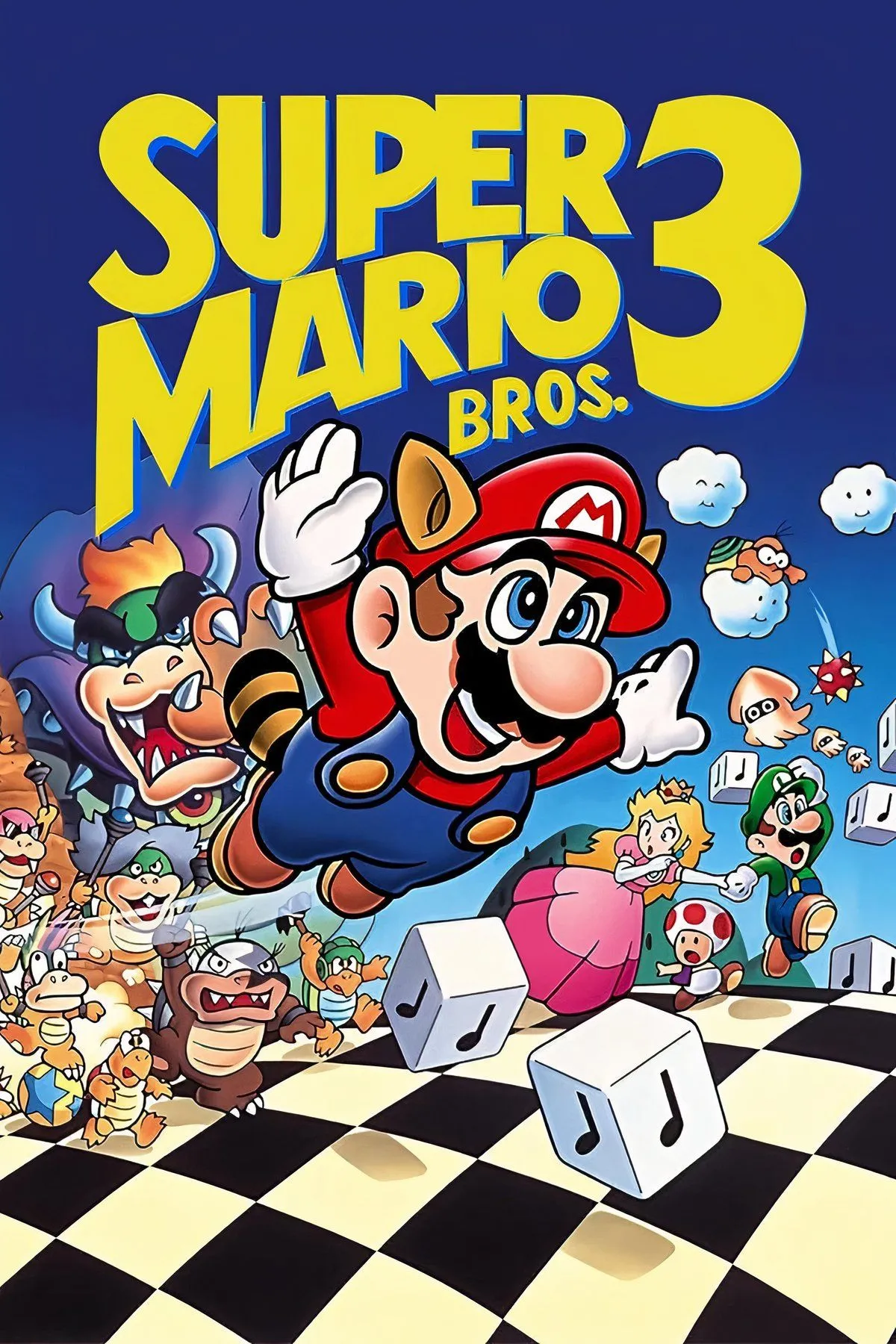 Mario với bộ đồ Tanooki bay trên không trong Super Mario Bros. 3.