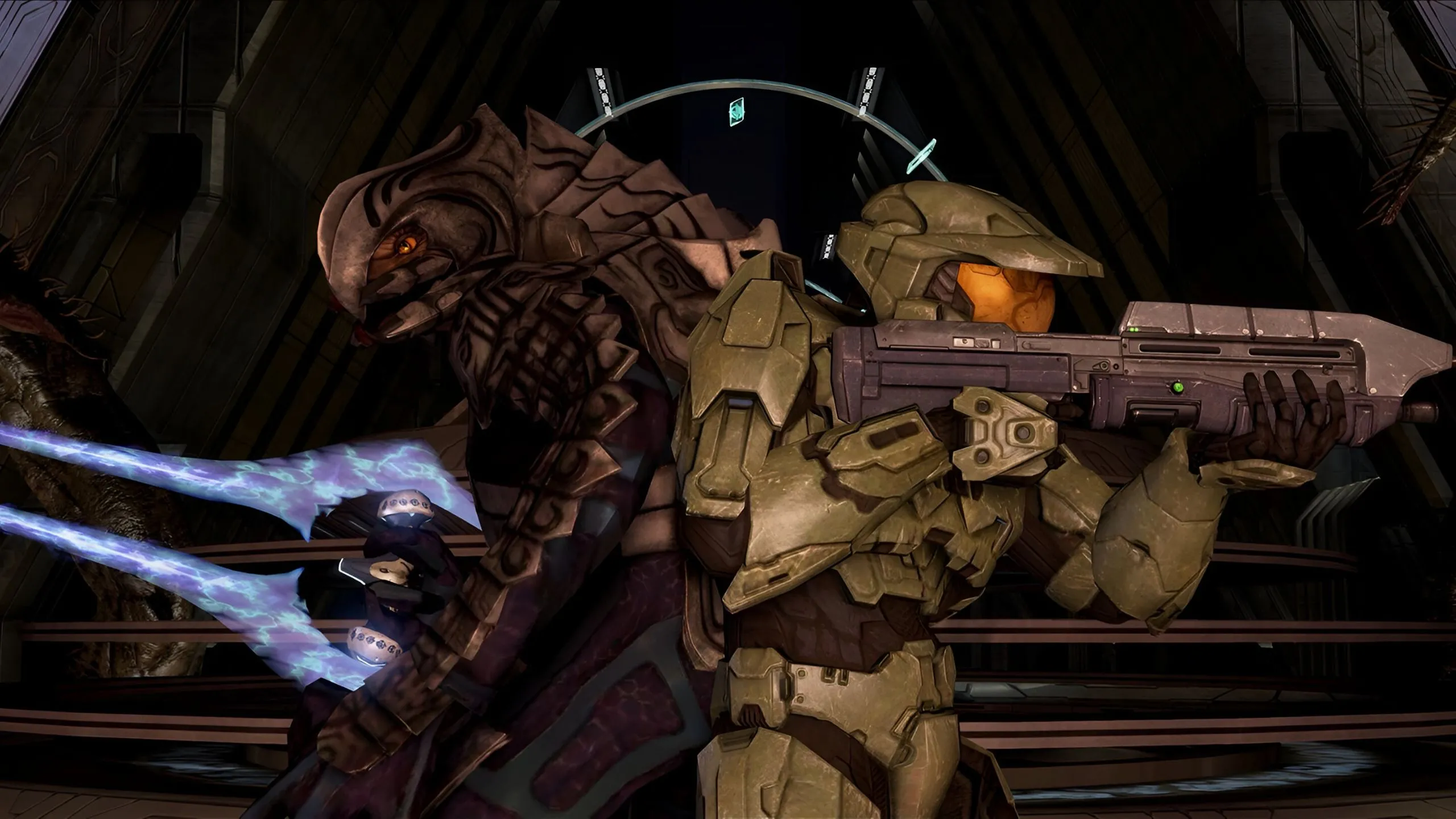 Master Chief và The Arbiter sát cánh trong chế độ co-op màn hình chia đôi của Halo 3, tượng trưng cho những trận chiến huyền thoại.