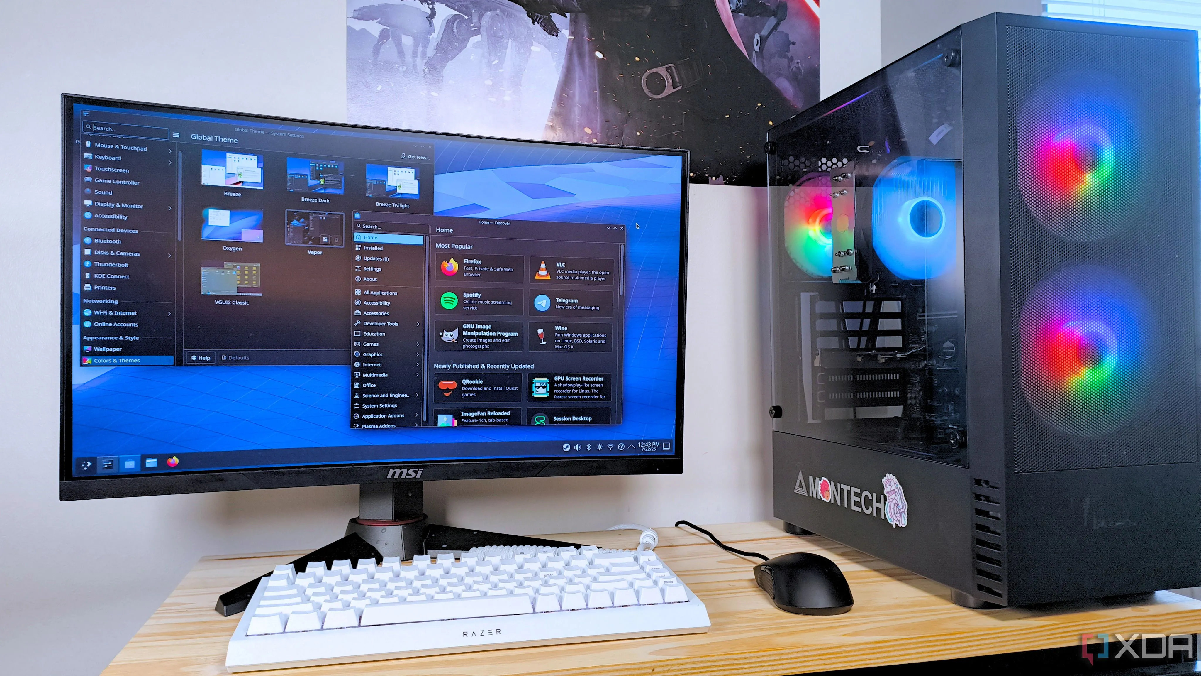 Máy tính gaming chạy SteamOS hiển thị ứng dụng Cài đặt và Discovery trong môi trường desktop KDE Plasma