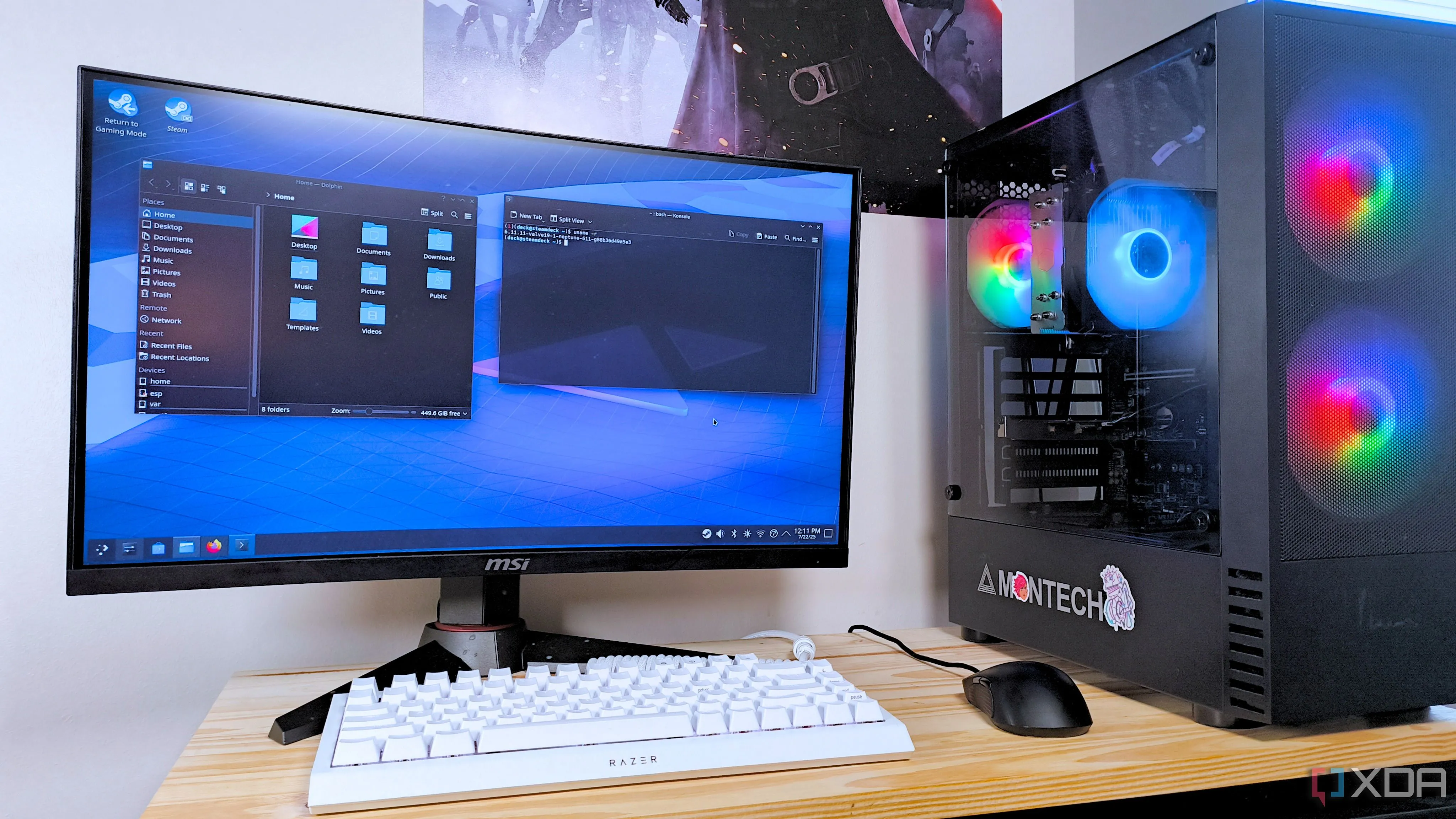 Máy tính gaming chạy SteamOS hiển thị ứng dụng Tệp (Files) và Terminal trong môi trường desktop KDE Plasma