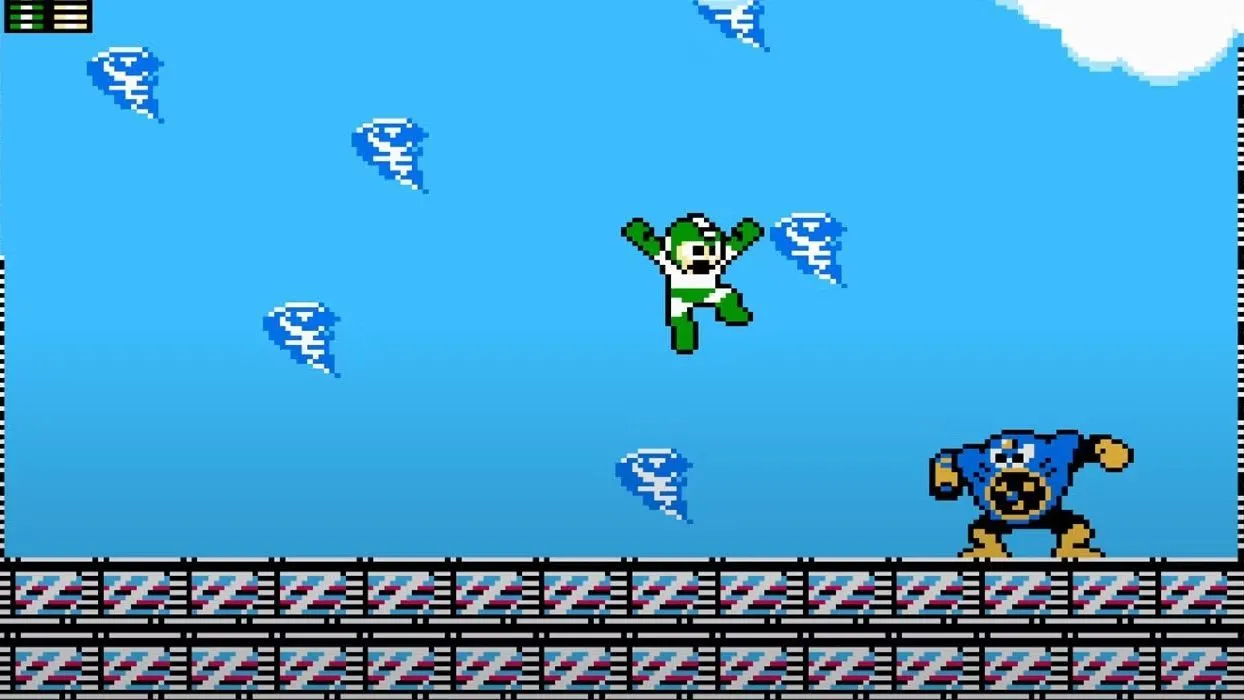 Mega Man đang chiến đấu với boss Wind Man trong một màn chơi đầy thử thách.