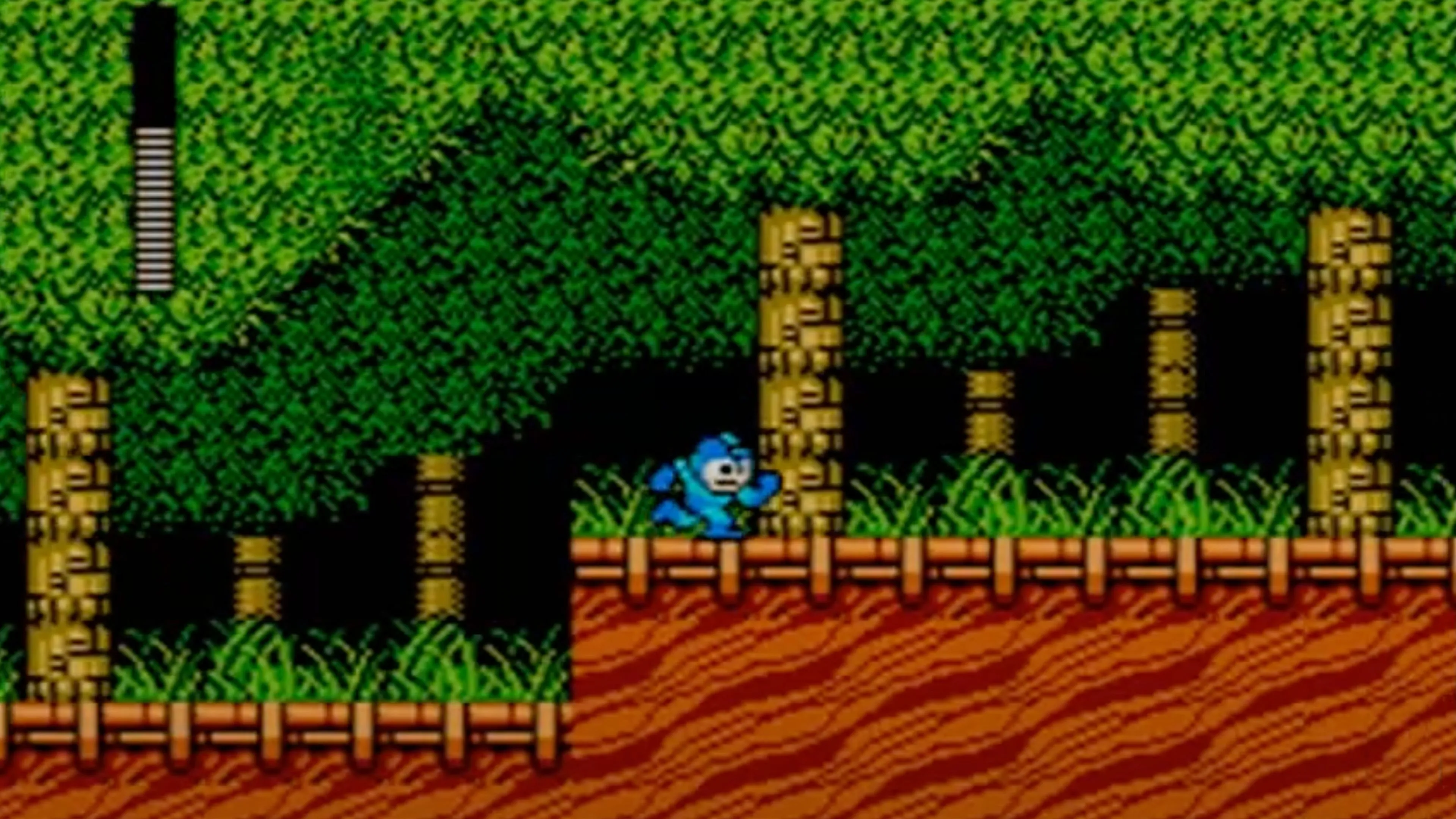 Mega Man đang đối mặt với Flash Man trong một cảnh chiến đấu boss trong Mega Man 2.