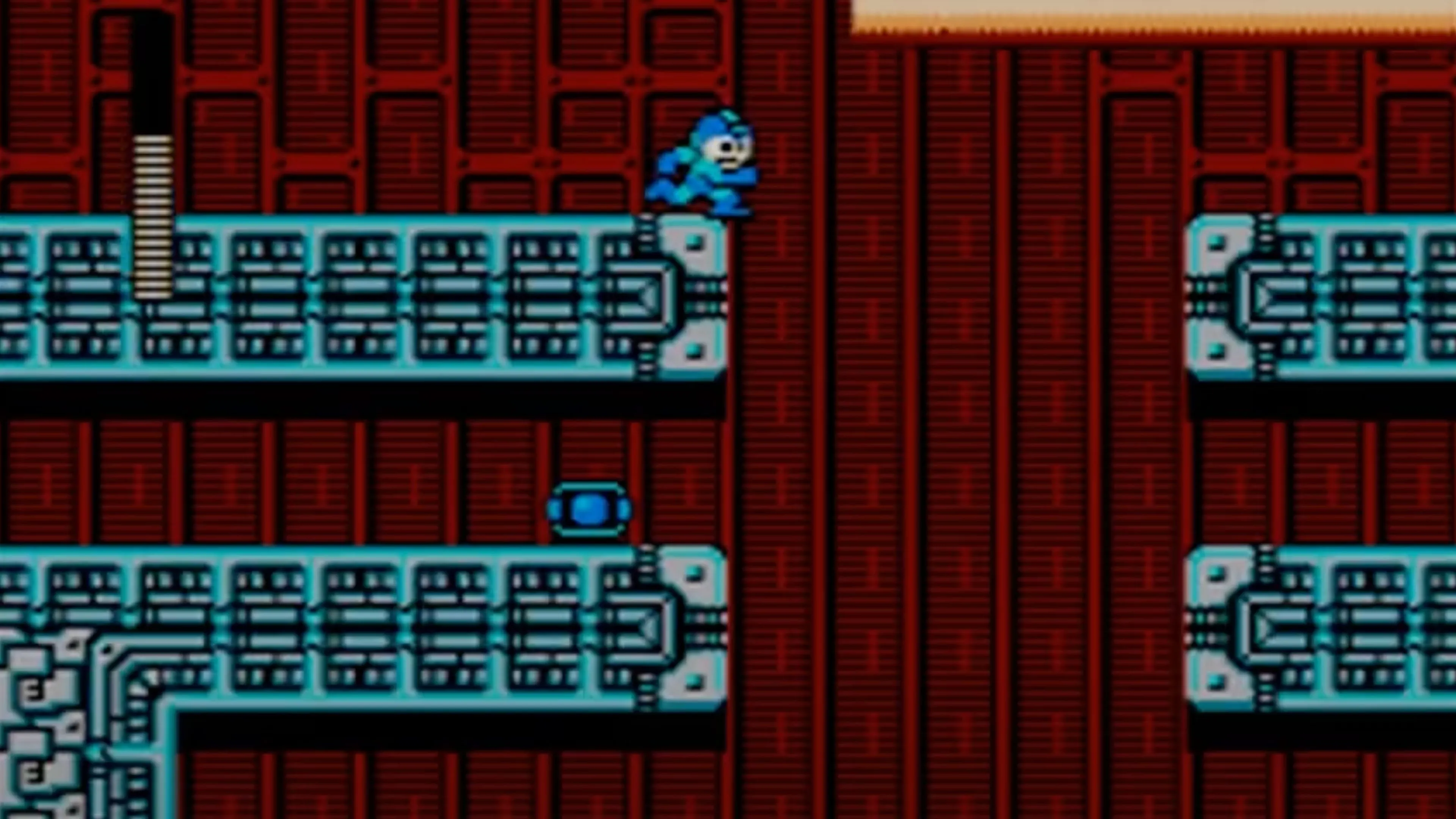 Mega Man đang sử dụng kỹ năng mới để bay qua một vực sâu trong Mega Man 2.