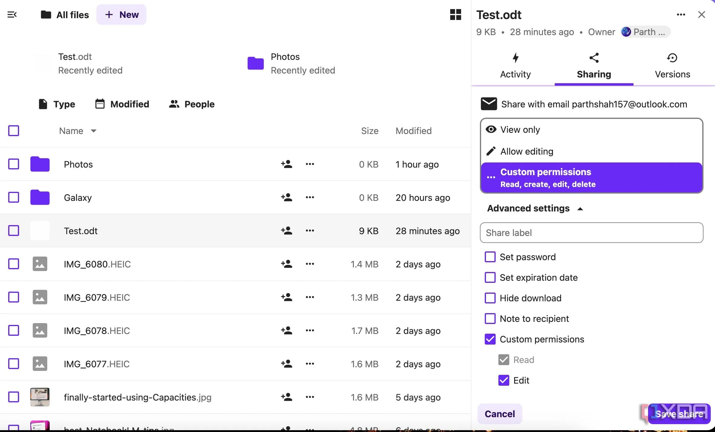 Menu chia sẻ tệp trong Nextcloud, cho phép thiết lập quyền truy cập và mật khẩu.