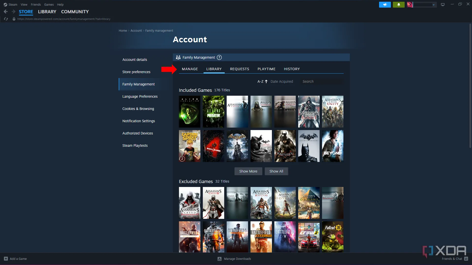 Menu chia sẻ thư viện gia đình trong cài đặt Quản lý Gia đình Steam.