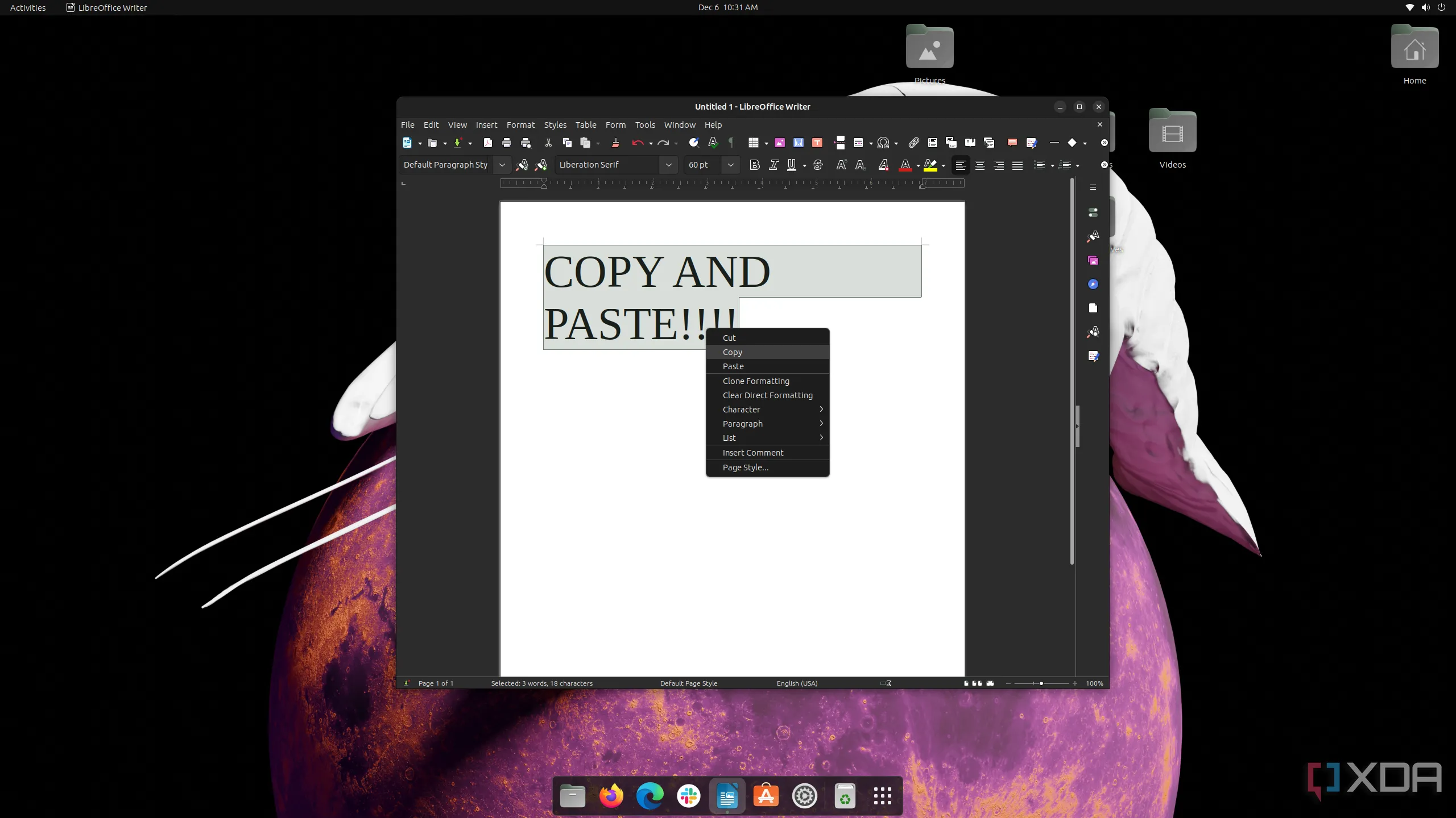 Menu sao chép và dán trong LibreOffice trên Linux, thể hiện sự khác biệt nhỏ về giao diện ứng dụng khi chuyển đổi từ Windows.