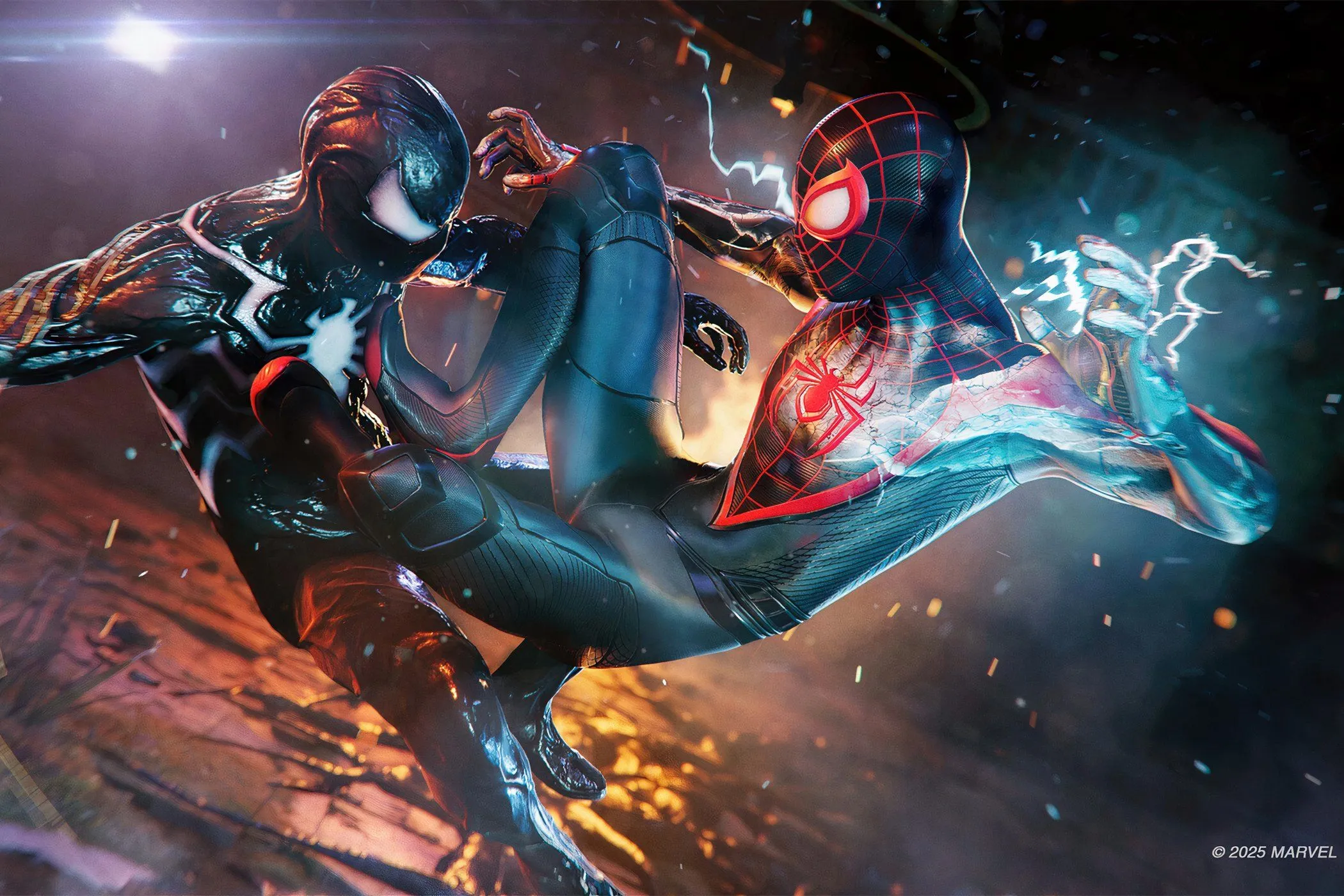 Miles Morales và Peter Parker trong trang phục Spider-Man chiến đấu, minh họa lối chơi co-op và sự phát triển của cốt truyện trong Marvel's Spider-Man 2, tiền đề cho phần 3.