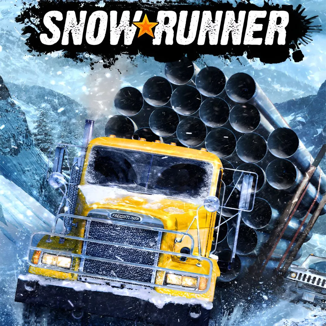 Mô tả hình ảnh SnowRunner, một chiếc xe tải lớn đang vượt qua địa hình bùn lầy khắc nghiệt dưới trời tuyết