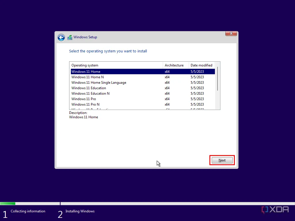 Môi trường cài đặt Windows yêu cầu chọn phiên bản Windows 11