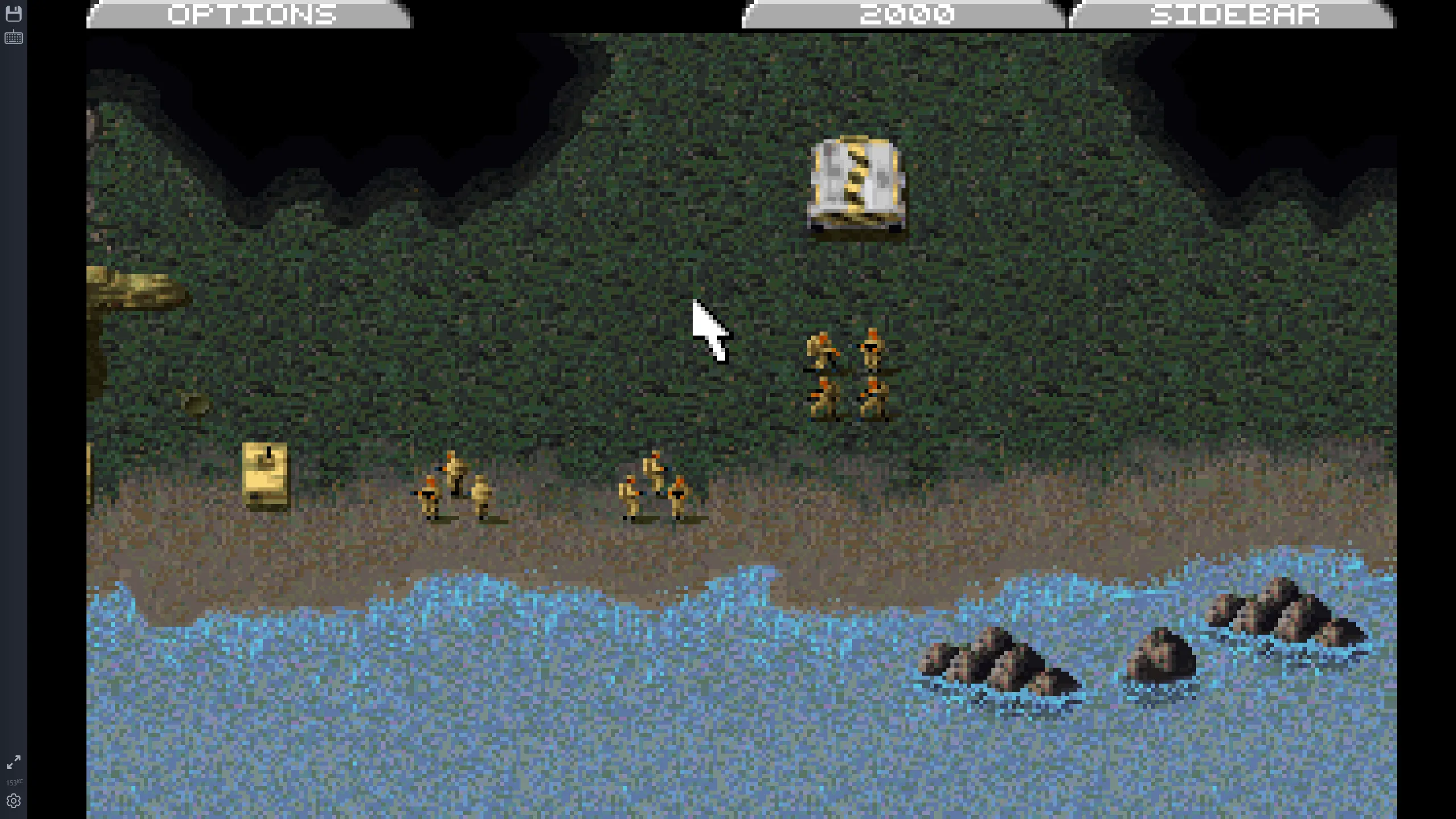 Một ảnh chụp màn hình từ trò chơi DOS Command &amp; Conquer, hiển thị các đơn vị quân đội của GDI và Nod tại khu vực ven sông.