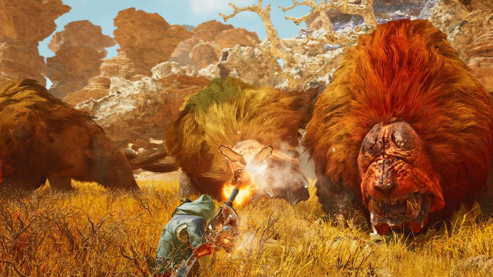 Một cảnh chiến đấu kịch tính giữa thợ săn và quái vật trong Monster Hunter Wilds