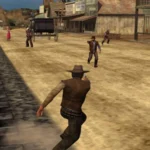 Một cảnh hành động kịch tính trong game Gun, tái hiện không khí Viễn Tây đầy bụi bặm.