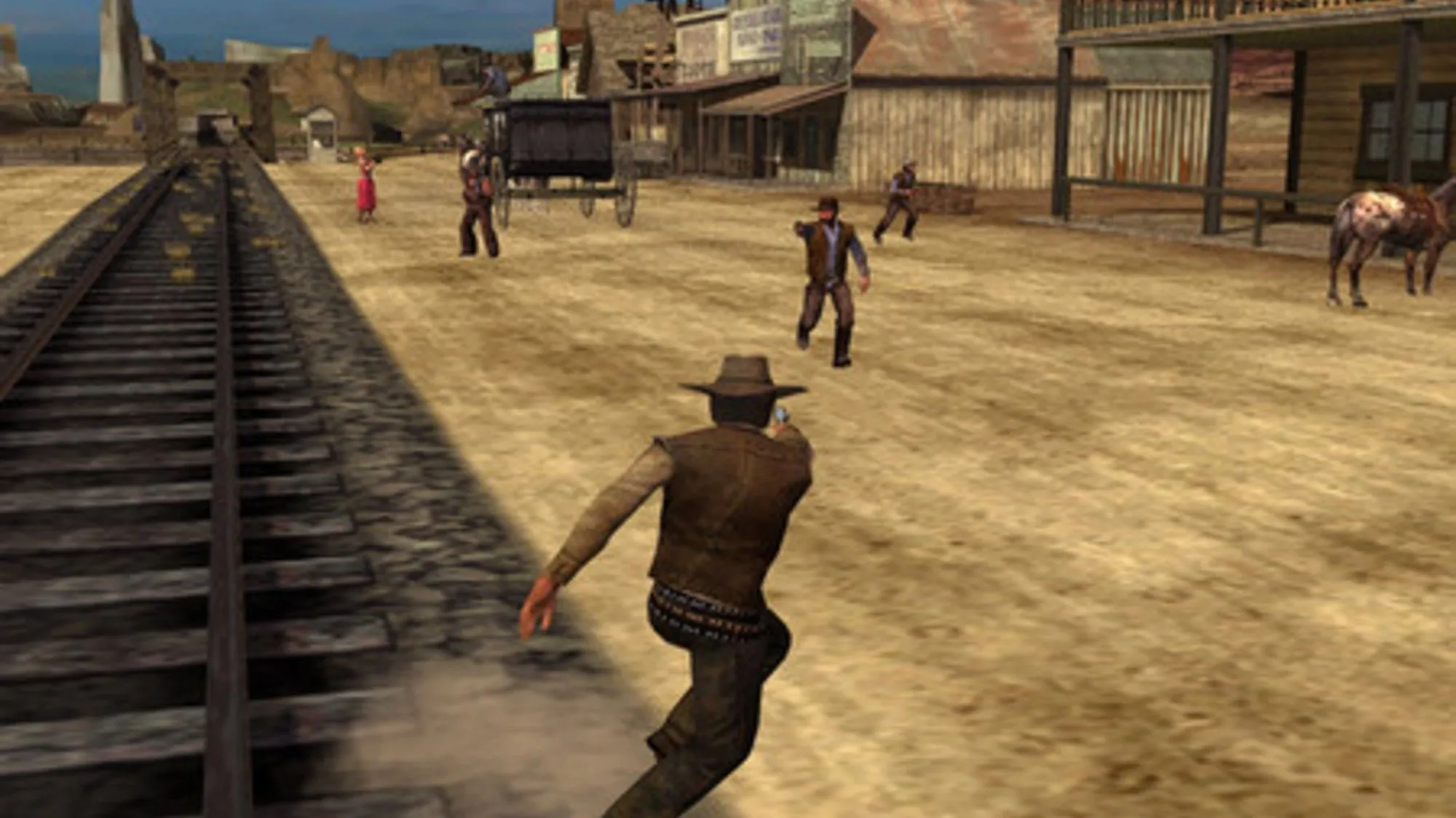 Một cảnh hành động kịch tính trong game Gun, tái hiện không khí Viễn Tây đầy bụi bặm.
