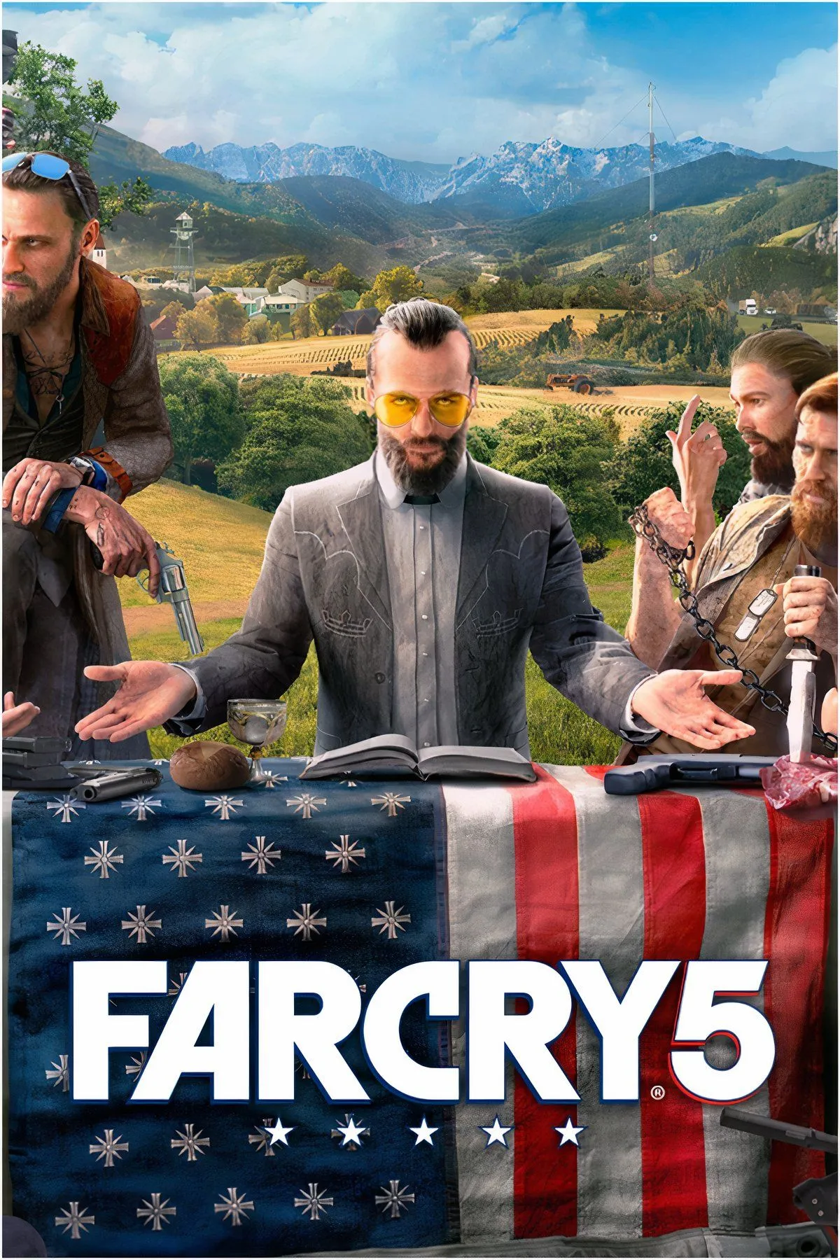 Một cảnh trong Far Cry 5, thể hiện bối cảnh Hope County và không khí căng thẳng của giáo phái Eden's Gate.