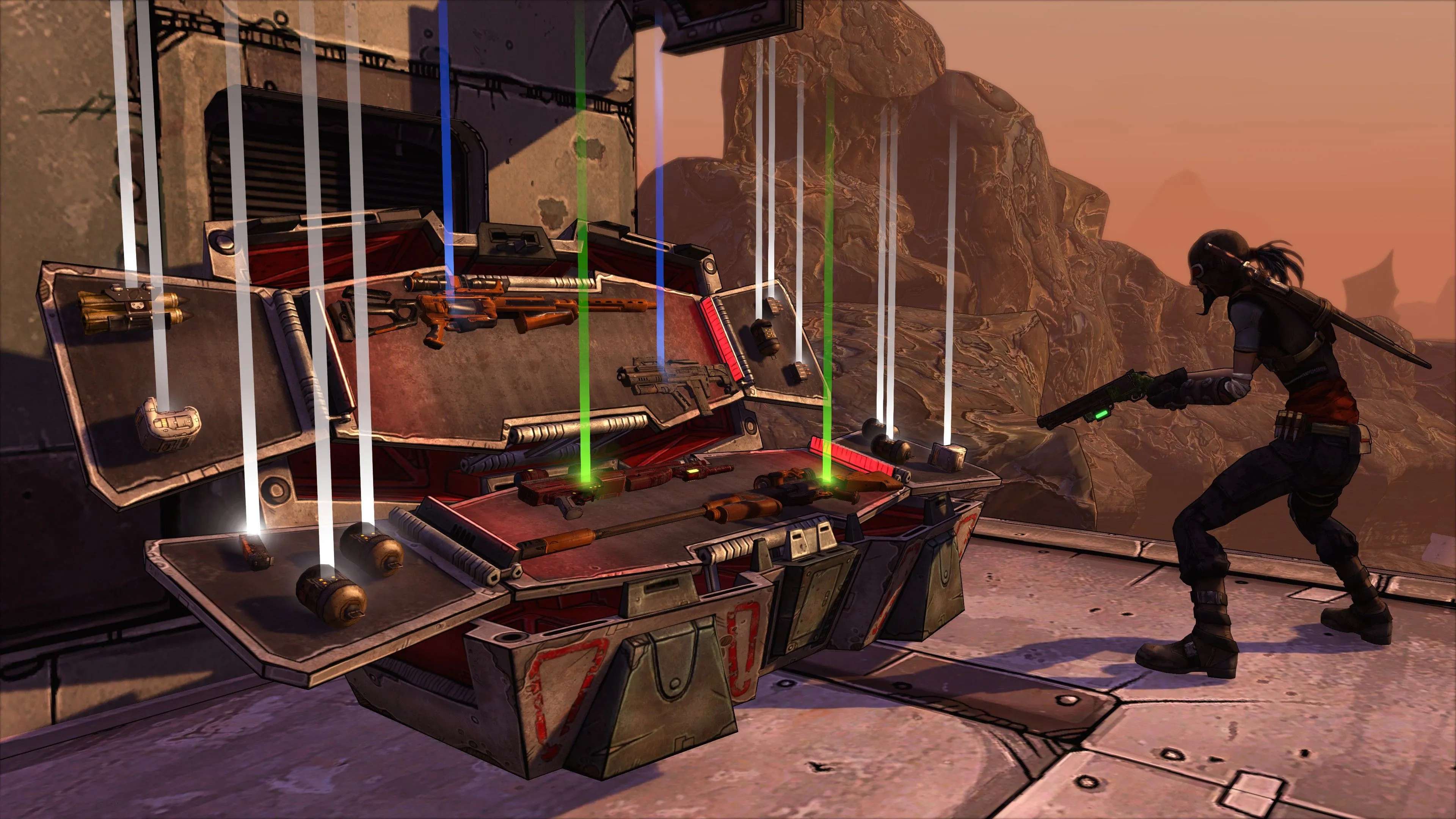 Một chiếc rương mở đầy vũ khí hiếm trong Borderlands, biểu tượng của niềm vui săn loot trong game co-op chia đôi màn hình.
